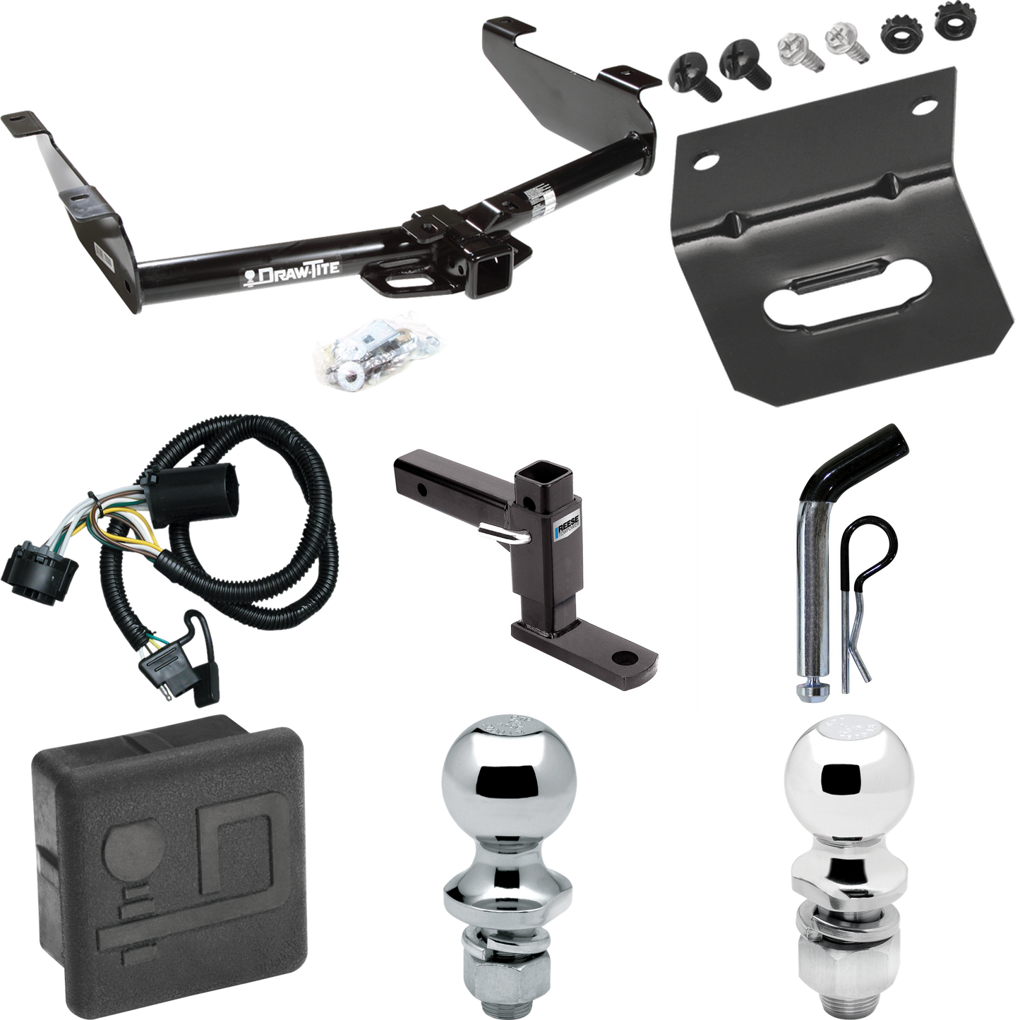 Fits 2007-2010 GMC Sierra 2500 HD Trailer Hitch Tow PKG w/ 4-Flat Wiring + Adjustable Drop Rise Ball Mount + Pin/Clip + 2" Ball + 1-7/8" Ball + Wiring Bracket + Hitch Cover By Draw-Tite