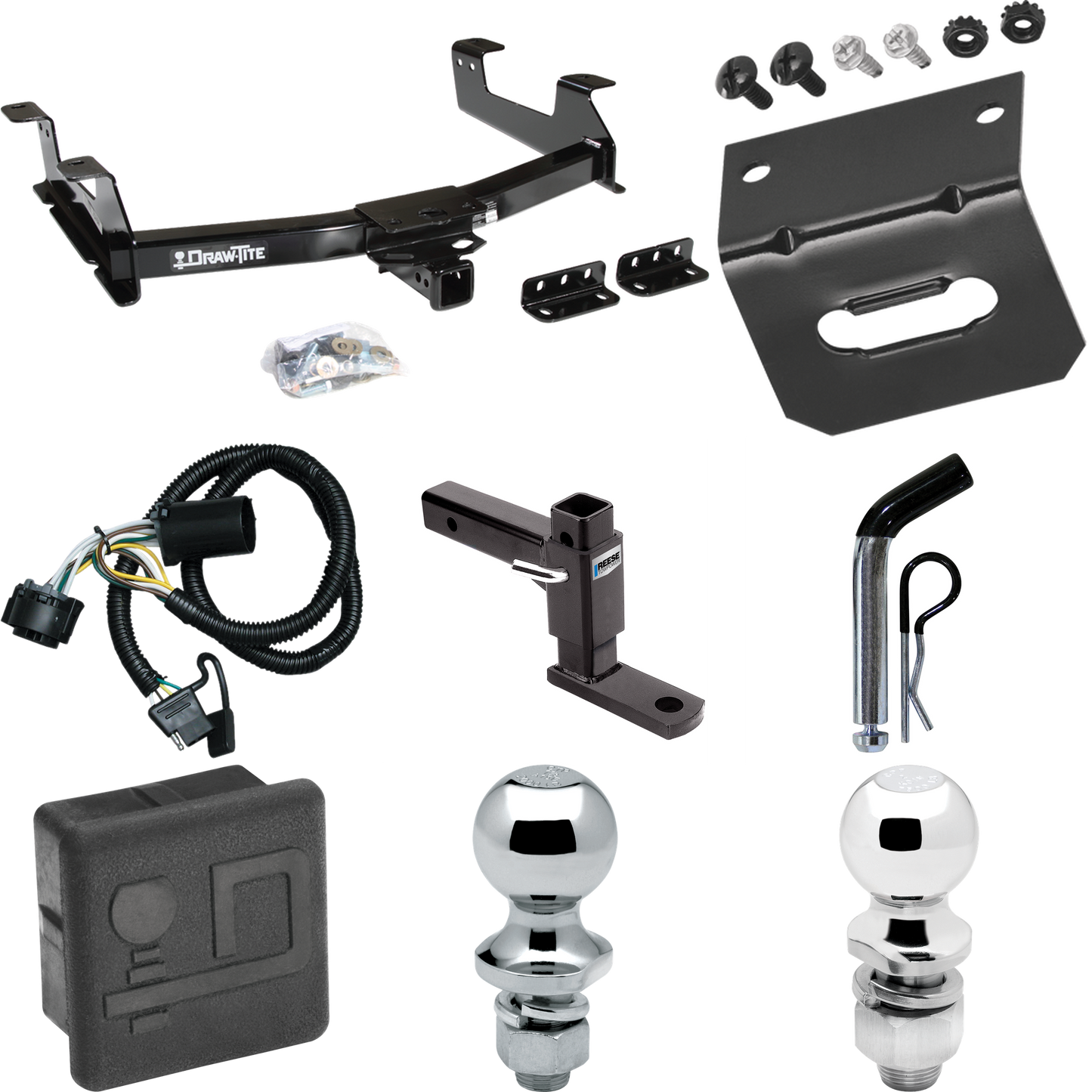 Fits 2011-2014 GMC Sierra 2500 HD Trailer Hitch Tow PKG w/ 4-Flat Wiring + Adjustable Drop Rise Ball Mount + Pin/Clip + 2" Ball + 1-7/8" Ball + Wiring Bracket + Hitch Cover By Draw-Tite