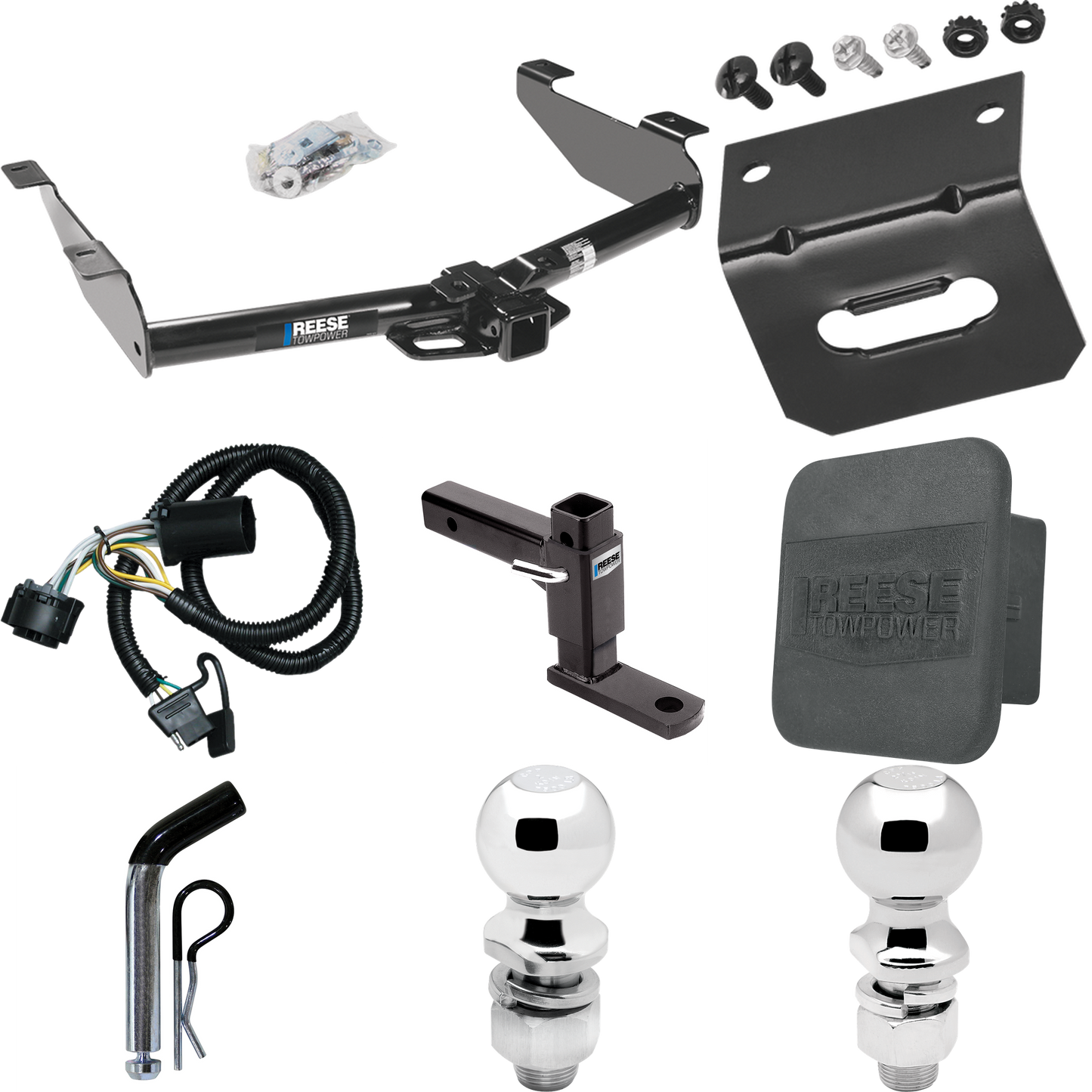 Fits 2007-2010 Chevrolet Silverado 3500 HD Trailer Hitch Tow PKG w/ 4-Flat Wiring + Adjustable Drop Rise Ball Mount + Pin/Clip + 2" Ball + 2-5/16" Ball + Wiring Bracket + Hitch Cover By Reese Towpower