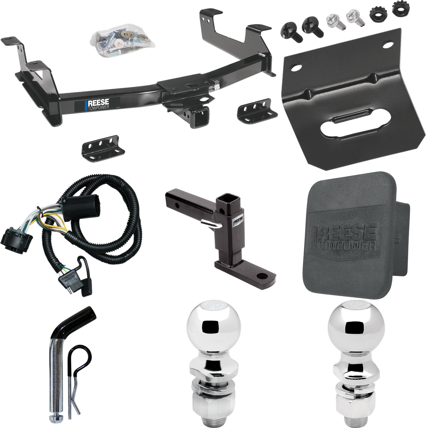 Se adapta al paquete de enganche de remolque GMC Sierra 2500 HD 2011-2014 con 4 cables planos + soporte de bola ajustable + pasador/clip + bola de 2 pulgadas + bola de 2-5/16 pulgadas + soporte de cableado + cubierta de enganche de Reese Towpower