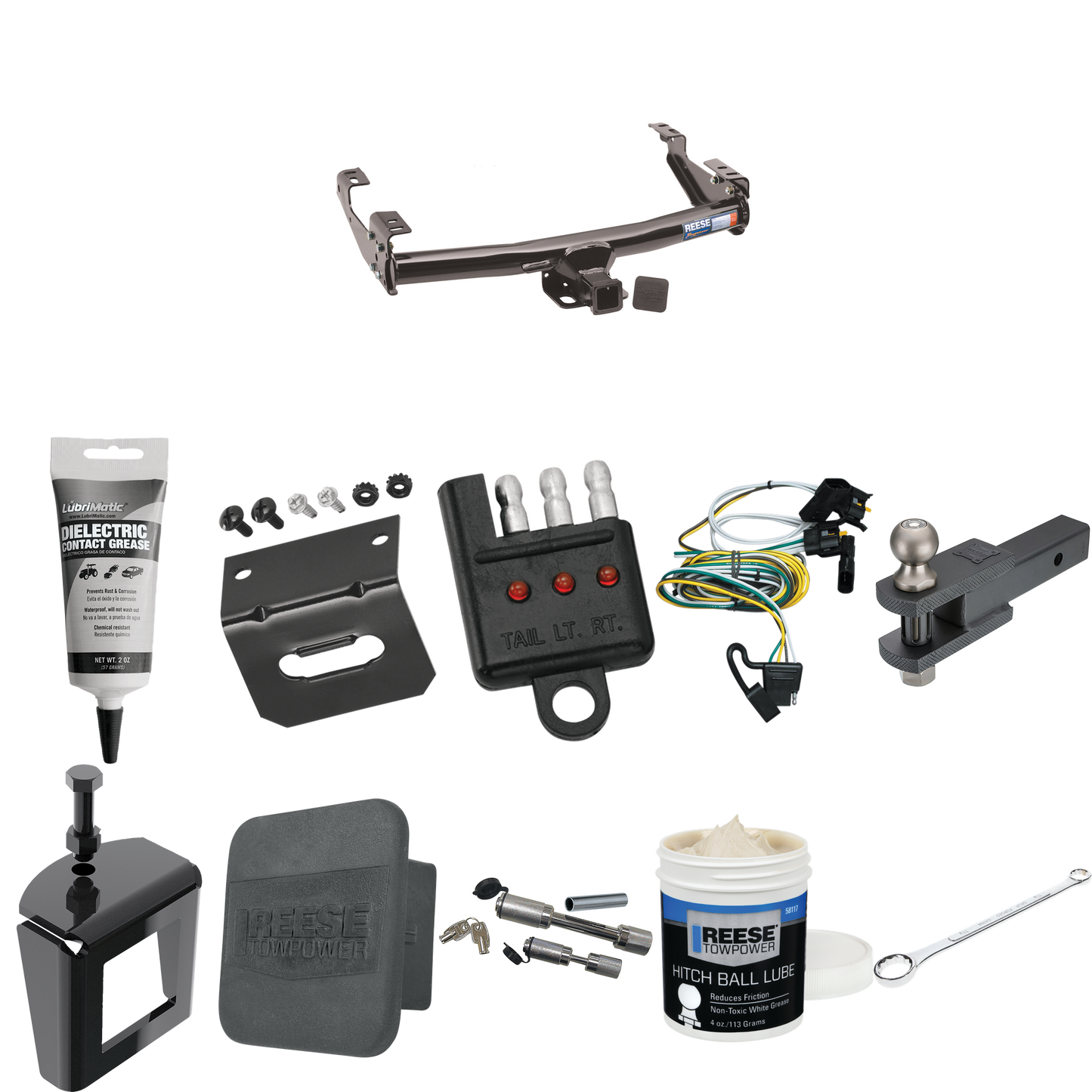 Fits 1997-2003 Ford F-150 Trailer Hitch Tow PKG w/ 4-Flat Wiring + Clevis Hitch Ball Mount w/ 2" Ball + Wiring Bracket + Hitch Cover + Dual Hitch & Coupler Locks + Wiring Tester + Ball Lube + Electric Grease + Ball Wrench + Anti Rattle Device (For Fl