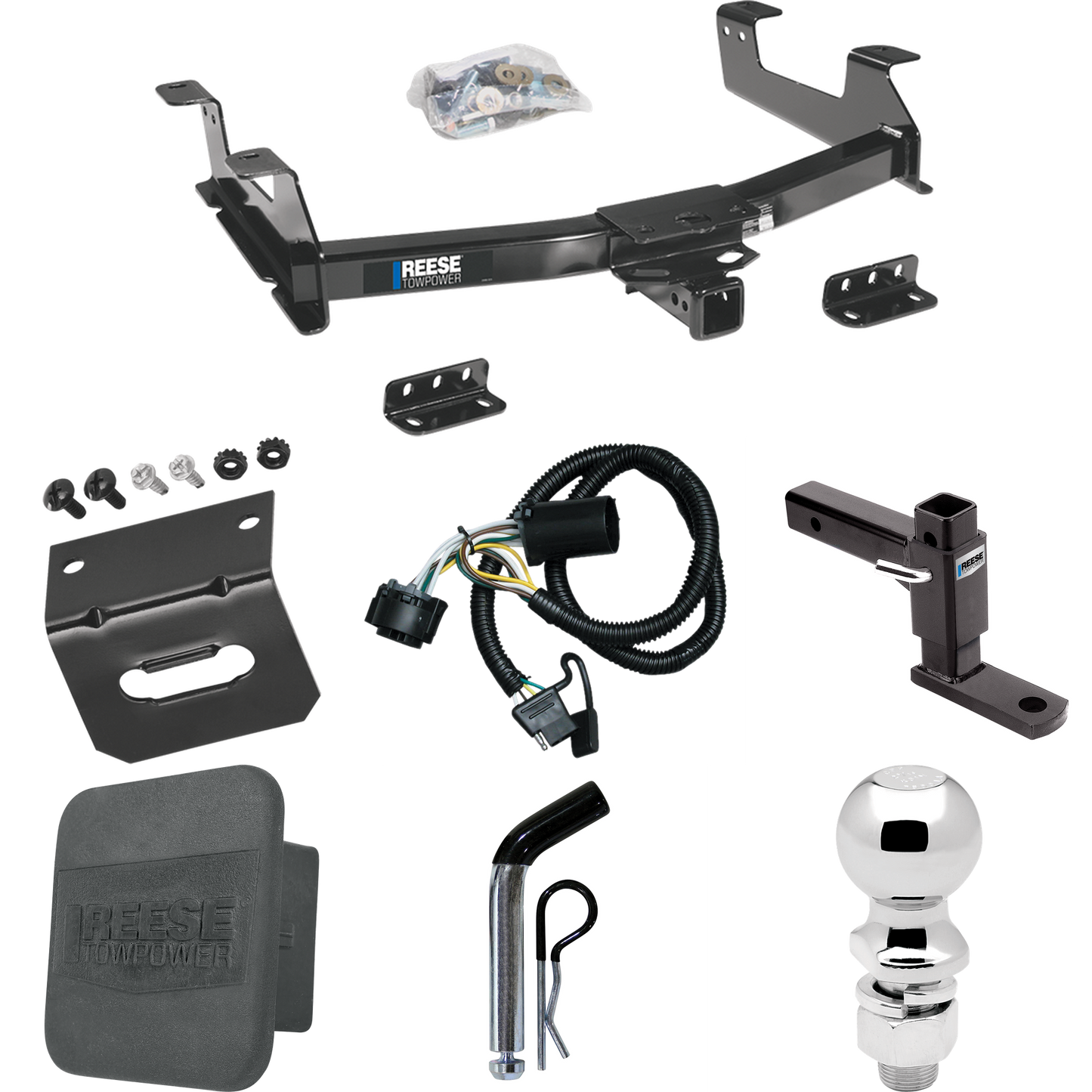 Fits 2011-2014 GMC Sierra 3500 HD Trailer Hitch Tow PKG w/ 4-Flat Wiring + Adjustable Drop Rise Ball Mount + Pin/Clip + 2-5/16" Ball + Wiring Bracket + Hitch Cover By Reese Towpower