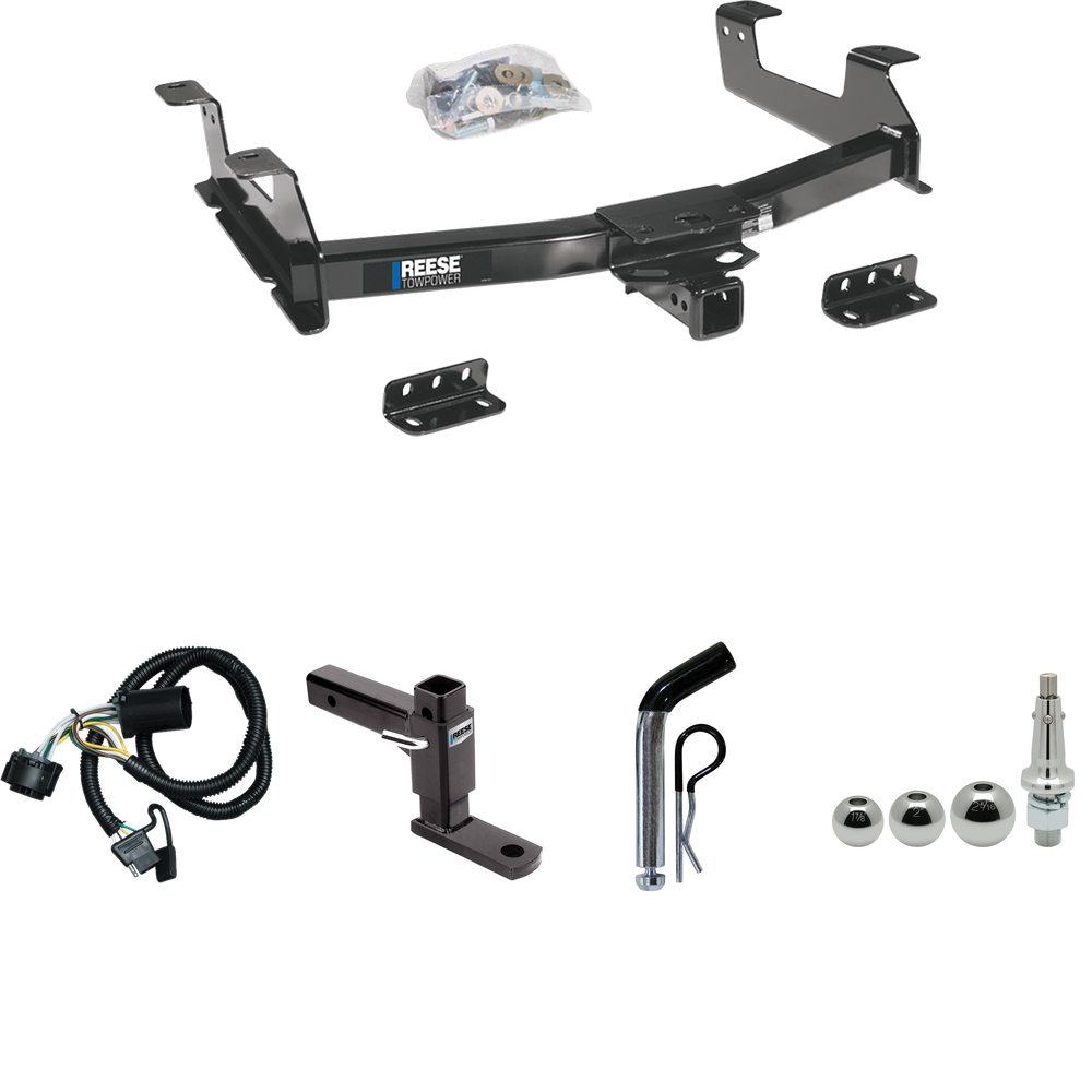 Fits 2011-2014 GMC Sierra 2500 HD Trailer Hitch Tow PKG w/ 4-Flat Wiring + Adjustable Drop Rise Ball Mount + Pin/Clip + Inerchangeable 1-7/8" & 2" & 2-5/16" Balls By Reese Towpower