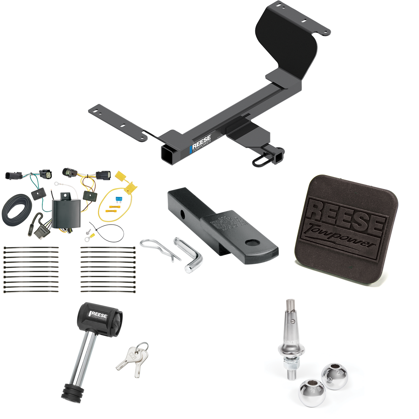 Fits 2018-2021 Chevrolet Equinox Trailer Hitch Tow PKG w/ 4-Flat Wiring Harness + Draw-Bar + Interchangeable 1-7/8" & 2" Balls + Hitch Cover + Hitch Lock (For Premier, Except Models w/1.6L Diesel Engine Models) By Reese Towpower