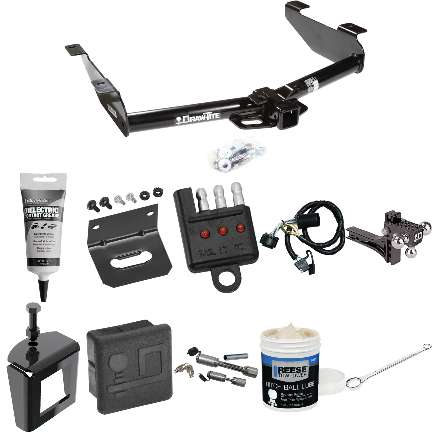 Fits 2007-2010 GMC Sierra 2500 HD Trailer Hitch Tow PKG w/ 4-Flat Wiring + Adjustable Drop Rise Triple Ball Ball Mount 1-7/8" & 2" & 2-5/16" Trailer Balls + Wiring Bracket + Hitch Cover + Dual Hitch & Coupler Locks + Wiring Tester + Ball Lube + Elect