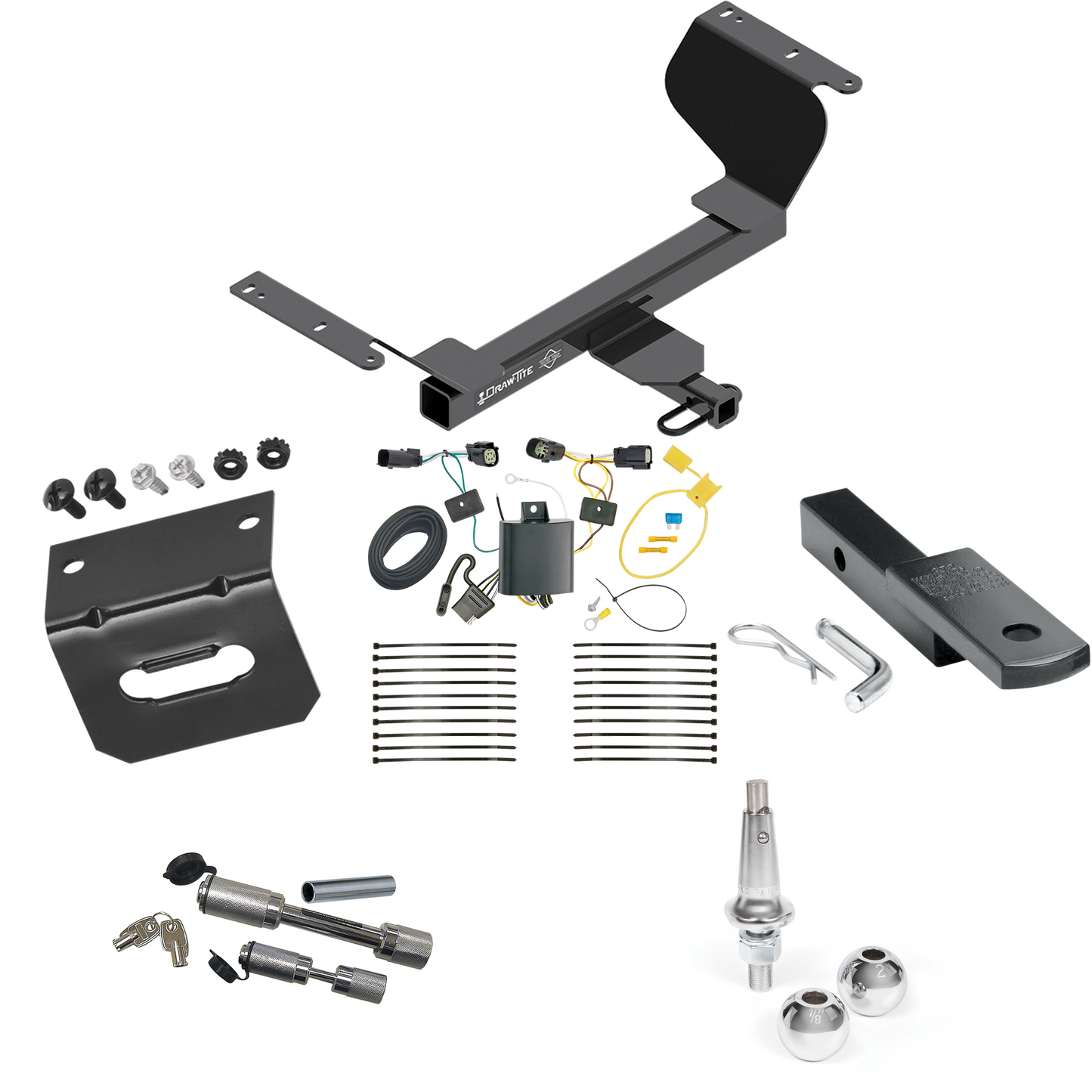 Fits 2018-2021 Chevrolet Equinox Trailer Hitch Tow PKG w/ 4-Flat Wiring Harness + Draw-Bar + Interchangeable 1-7/8" & 2" Balls + Wiring Bracket + Dual Hitch & Coupler Locks (For Premier, Except Models w/1.6L Diesel Engine Models) By Draw-Tite