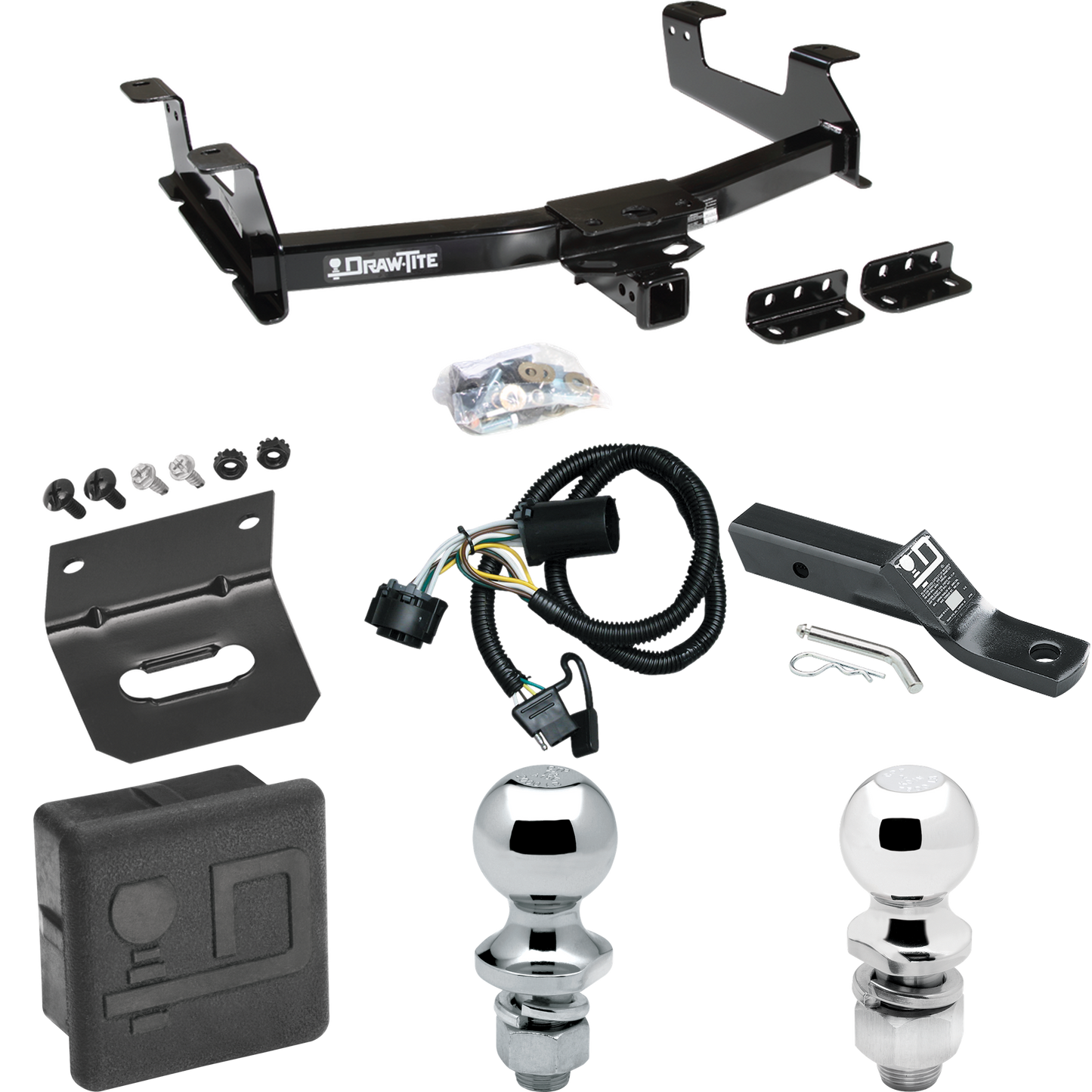 Fits 2011-2014 GMC Sierra 2500 HD Trailer Hitch Tow PKG w/ 4-Flat Wiring + Ball Mount w/ 2" Drop & 2" Ball + 1-7/8" Ball + Wiring Bracket + Hitch Cover By Draw-Tite