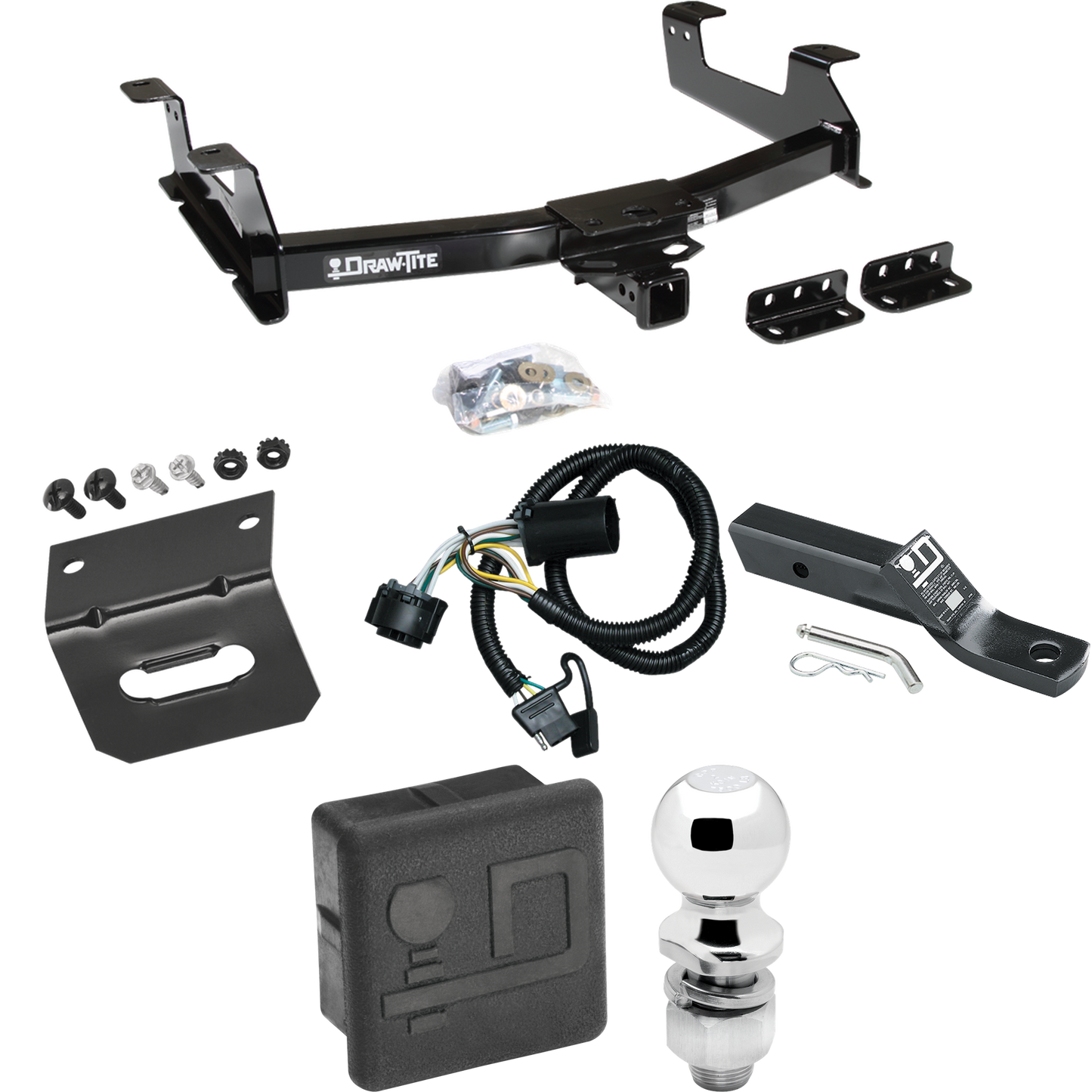 Fits 2011-2014 Chevrolet Silverado 2500 HD Trailer Hitch Tow PKG w/ 4-Flat Wiring + Ball Mount w/ 2" Drop & 2" Ball + Wiring Bracket + Hitch Cover By Draw-Tite