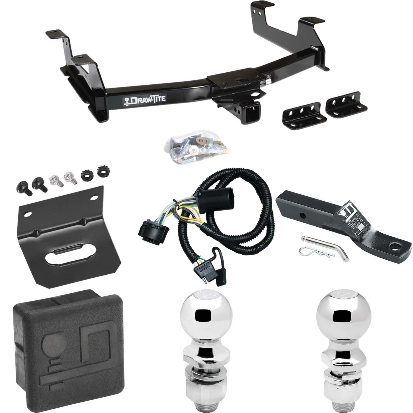 Fits 2011-2014 GMC Sierra 2500 HD Trailer Hitch Tow PKG w/ 4-Flat Wiring + Ball Mount w/ 2" Drop + 2" Ball + 2-5/16" Ball + Wiring Bracket + Hitch Cover By Draw-Tite