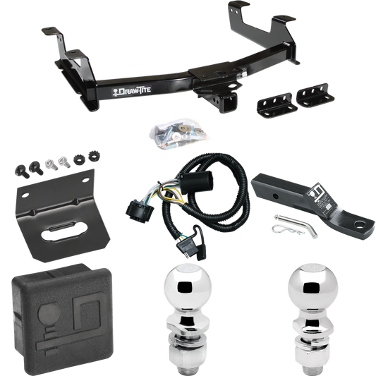 Fits 2011-2014 GMC Sierra 2500 HD Trailer Hitch Tow PKG w/ 4-Flat Wiring + Ball Mount w/ 2" Drop + 2" Ball + 2-5/16" Ball + Wiring Bracket + Hitch Cover By Draw-Tite