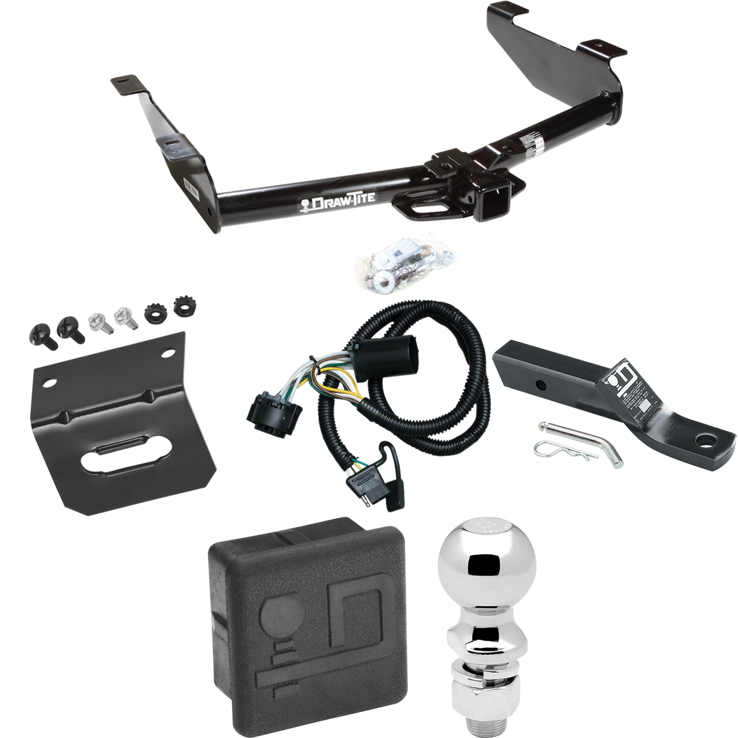 Fits 2007-2010 GMC Sierra 3500 HD Trailer Hitch Tow PKG w/ 4-Flat Wiring + Ball Mount w/ 2" Drop + 2-5/16" Ball + Wiring Bracket + Hitch Cover By Draw-Tite