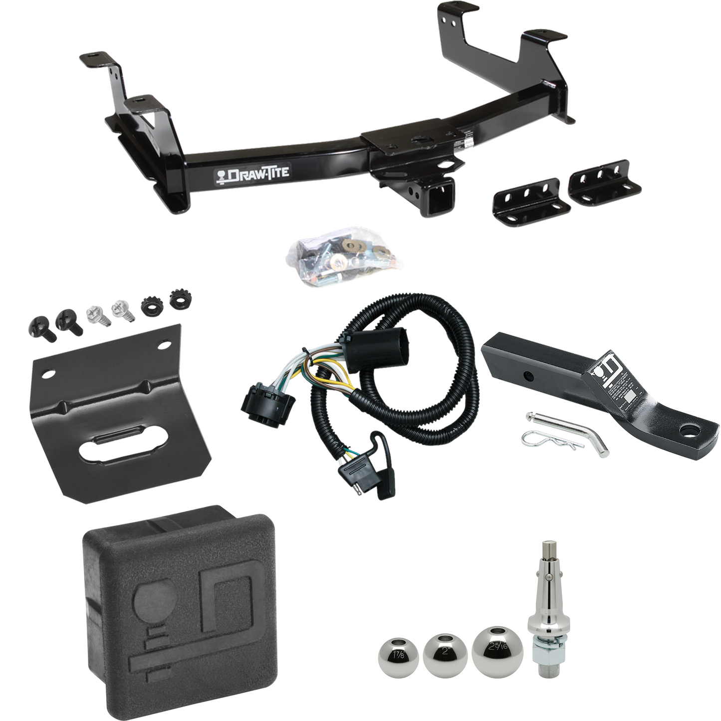 Fits 2011-2014 GMC Sierra 3500 HD Trailer Hitch Tow PKG w/ 4-Flat Wiring + Ball Mount w/ 2" Drop + Interchangeable Ball 1-7/8" & 2" & 2-5/16" + Wiring Bracket + Hitch Cover By Draw-Tite