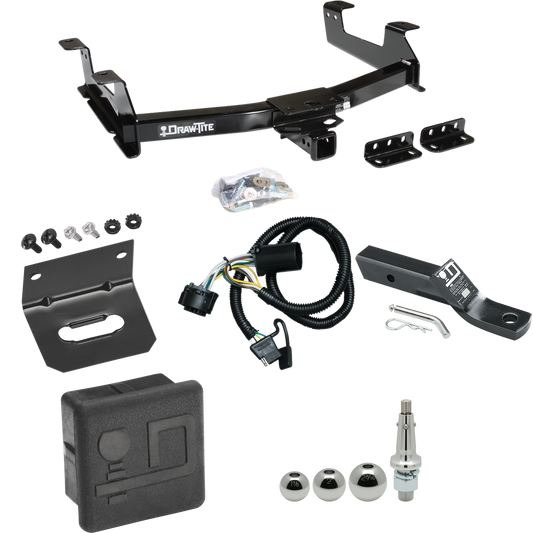 Fits 2011-2014 GMC Sierra 3500 HD Trailer Hitch Tow PKG w/ 4-Flat Wiring + Ball Mount w/ 2" Drop + Interchangeable Ball 1-7/8" & 2" & 2-5/16" + Wiring Bracket + Hitch Cover By Draw-Tite