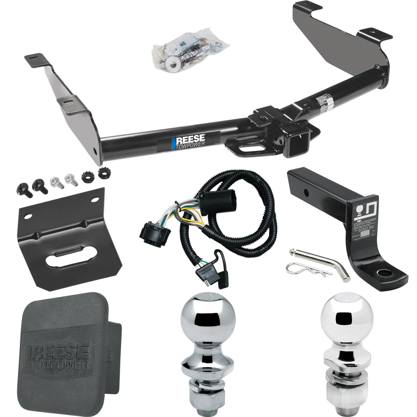 Fits 2007-2010 GMC Sierra 3500 HD Trailer Hitch Tow PKG w/ 4-Flat Wiring + Ball Mount w/ 4" Drop + 2" Ball + 1-7/8" Ball + Wiring Bracket + Hitch Cover By Reese Towpower