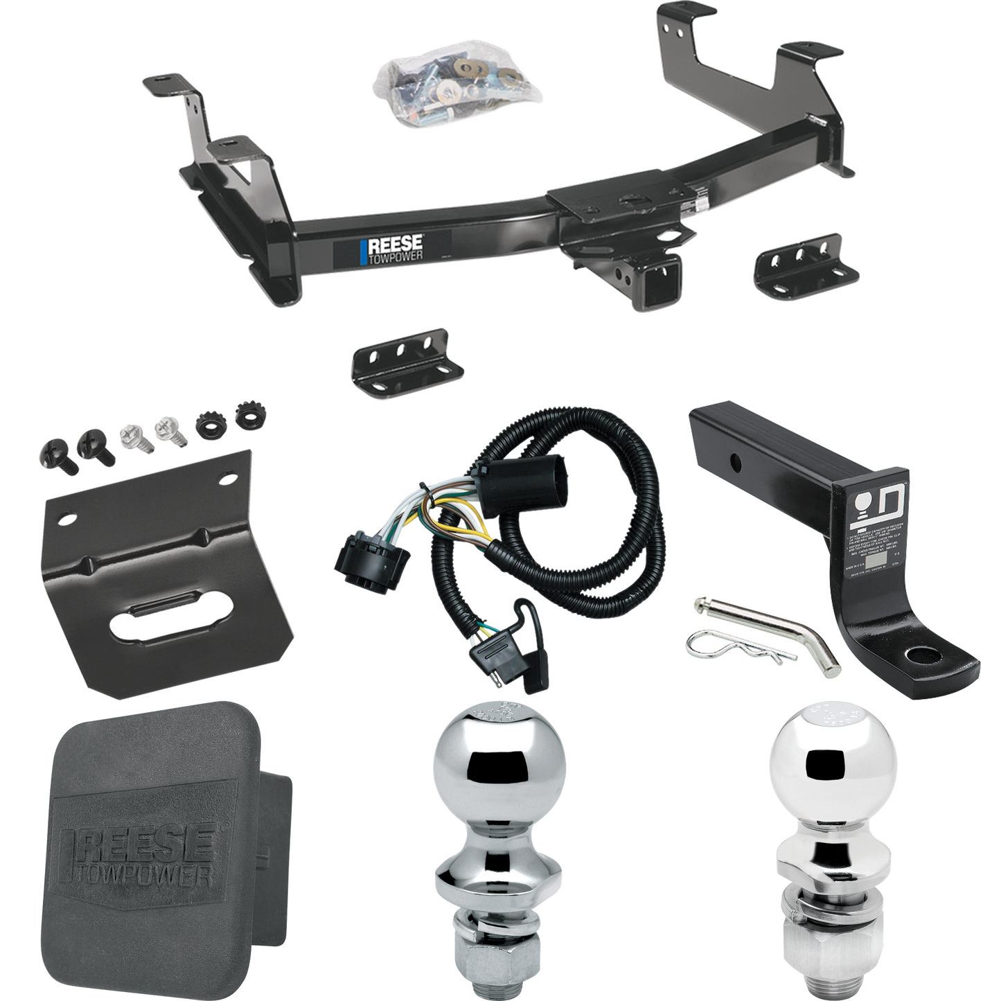 Fits 2011-2014 GMC Sierra 3500 HD Trailer Hitch Tow PKG w/ 4-Flat Wiring + Ball Mount w/ 4" Drop + 2" Ball + 1-7/8" Ball + Wiring Bracket + Hitch Cover By Reese Towpower