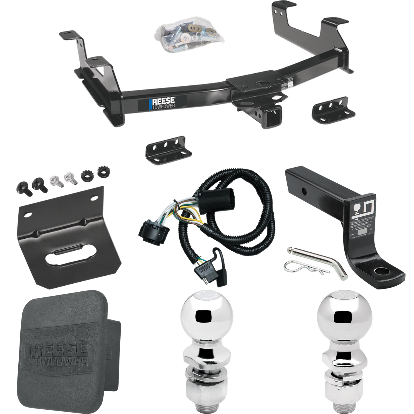 Fits 2011-2014 Chevrolet Silverado 3500 HD Trailer Hitch Tow PKG w/ 4-Flat Wiring + Ball Mount w/ 4" Drop + 2" Ball + 2-5/16" Ball + Wiring Bracket + Hitch Cover By Reese Towpower