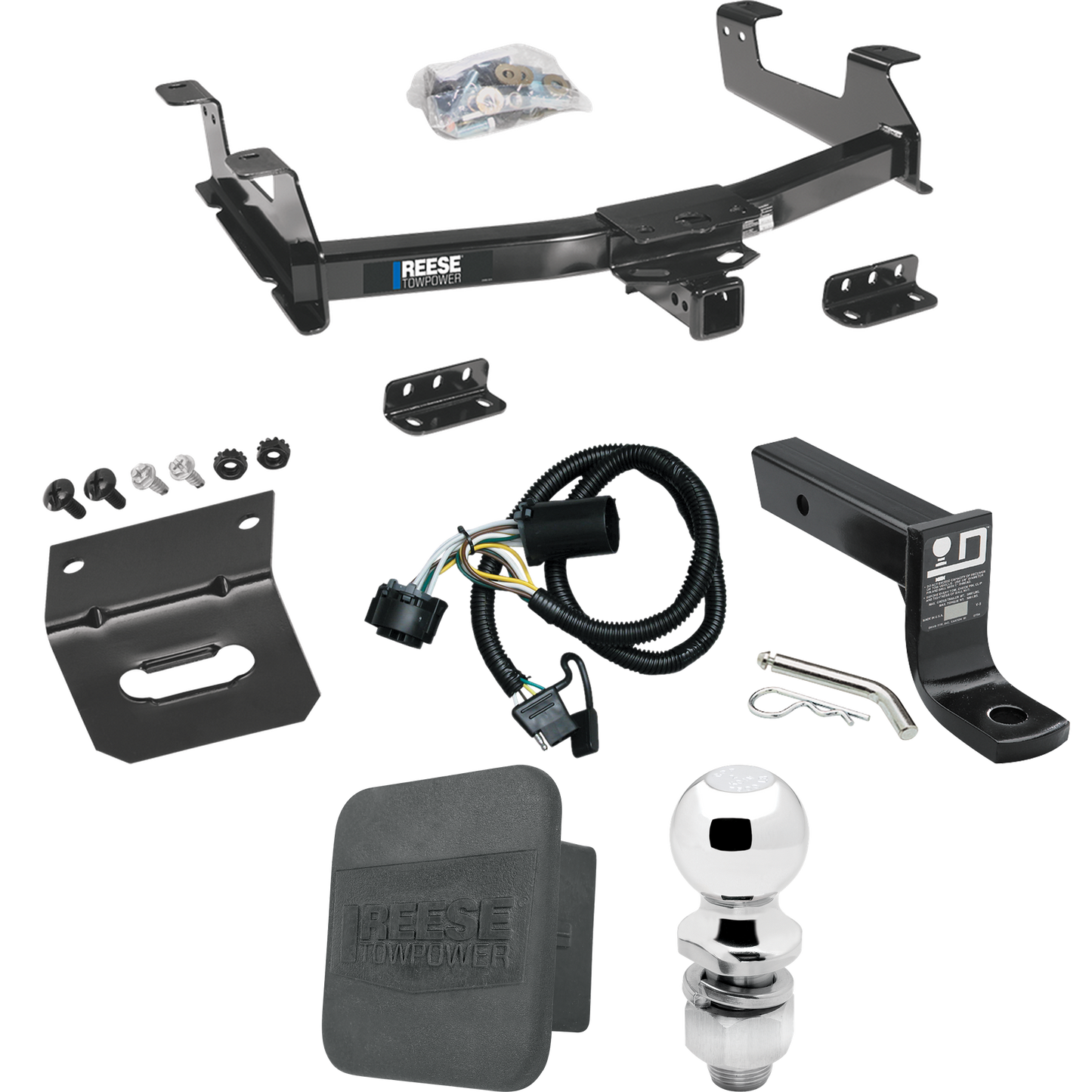 Fits 2011-2014 GMC Sierra 3500 HD Trailer Hitch Tow PKG w/ 4-Flat Wiring + Ball Mount w/ 4" Drop + 2" Ball + Wiring Bracket + Hitch Cover By Reese Towpower