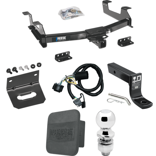 Fits 2011-2014 GMC Sierra 3500 HD Trailer Hitch Tow PKG w/ 4-Flat Wiring + Ball Mount w/ 4" Drop + 2" Ball + Wiring Bracket + Hitch Cover By Reese Towpower