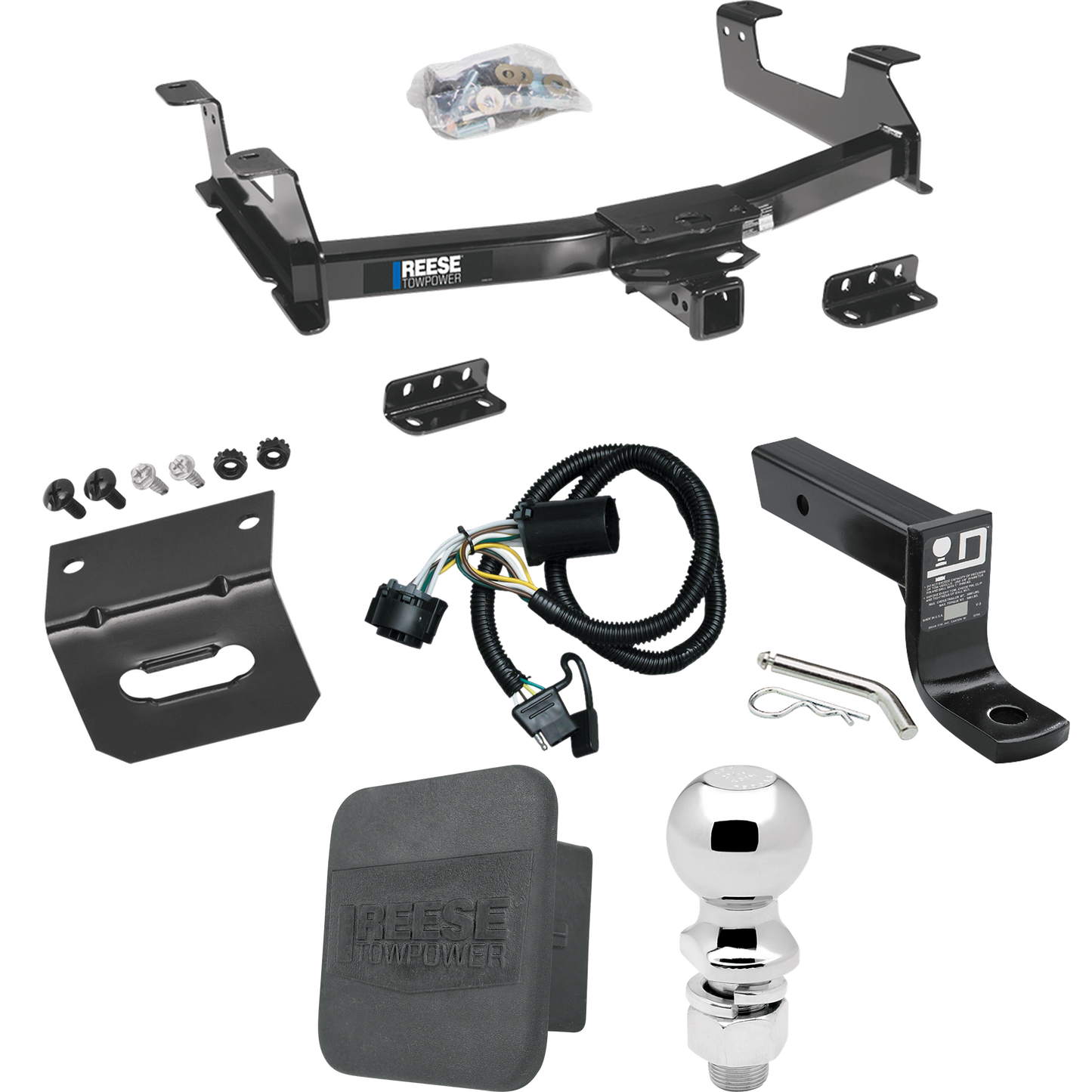 Fits 2011-2014 Chevrolet Silverado 2500 HD Trailer Hitch Tow PKG w/ 4-Flat Wiring + Ball Mount w/ 4" Drop + 2-5/16" Ball + Wiring Bracket + Hitch Cover By Reese Towpower