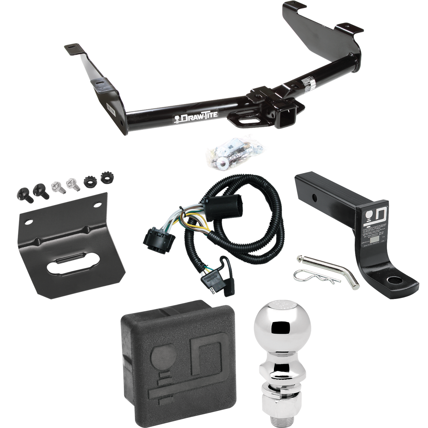 Fits 2007-2010 GMC Sierra 3500 HD Trailer Hitch Tow PKG w/ 4-Flat Wiring + Ball Mount w/ 4" Drop + 2-5/16" Ball + Wiring Bracket + Hitch Cover By Draw-Tite