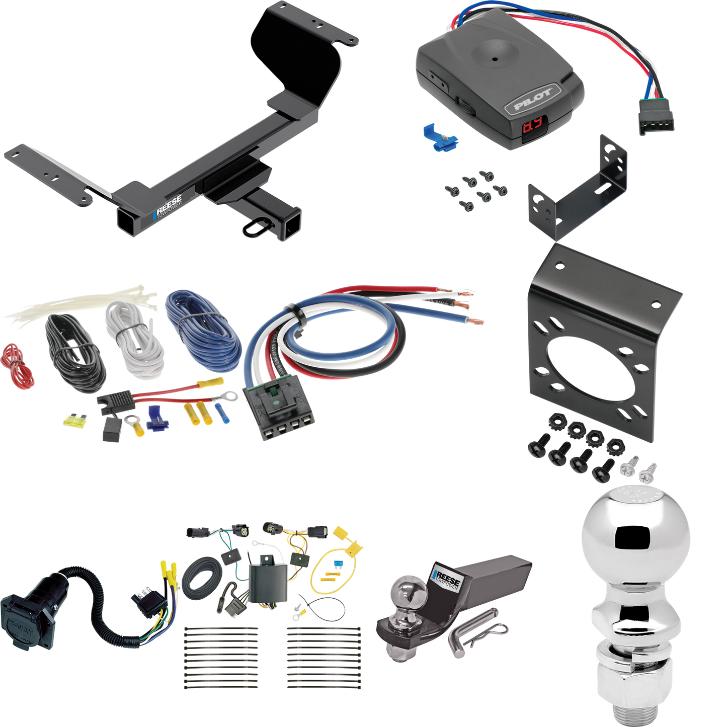 Fits 2018-2021 Chevrolet Equinox Trailer Hitch Tow PKG w/ Pro Series Pilot Brake Control + Generic BC Wiring Adapter + 7-Way RV Wiring + 2" & 2-5/16" Ball & Drop Mount (For Premier, Except Models w/1.6L Diesel Engine Models) By Reese Towpower