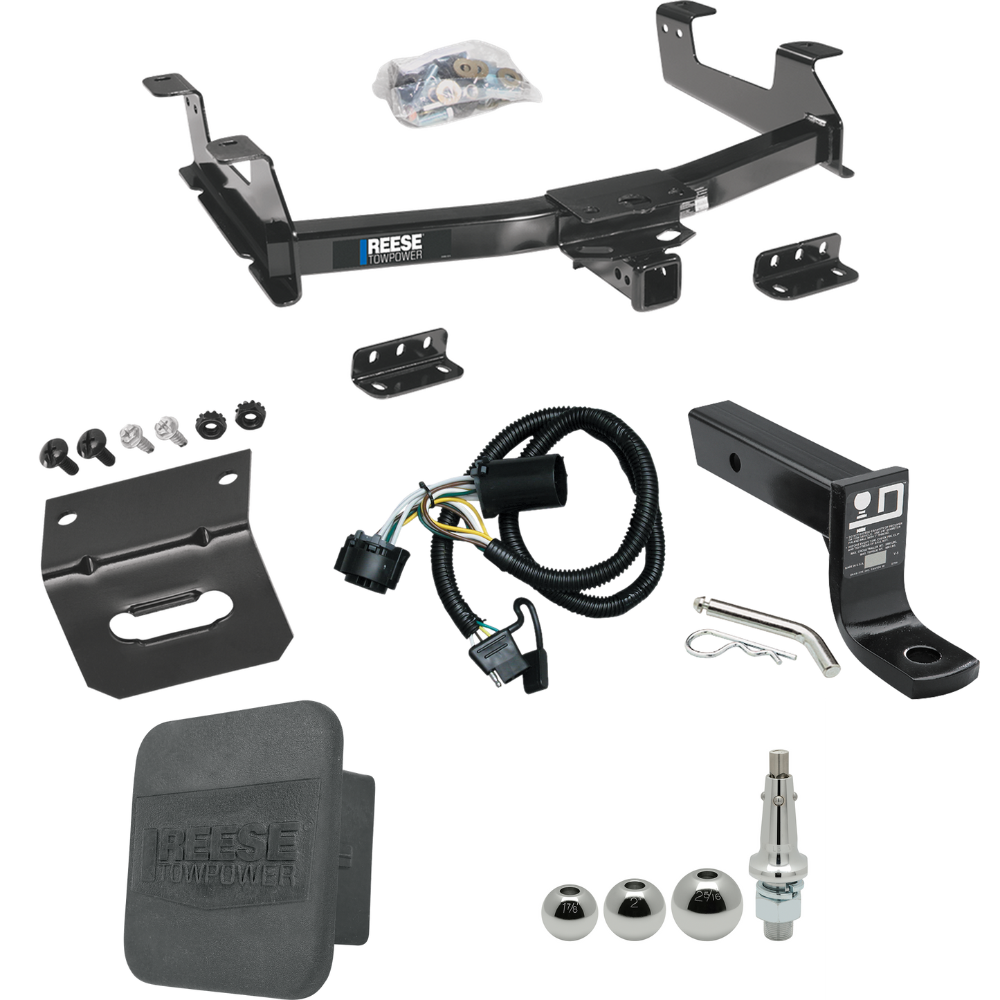 Fits 2011-2014 Chevrolet Silverado 2500 HD Trailer Hitch Tow PKG w/ 4-Flat Wiring + Ball Mount w/ 4" Drop + Interchangeable Ball 1-7/8" & 2" & 2-5/16" + Wiring Bracket + Hitch Cover By Reese Towpower