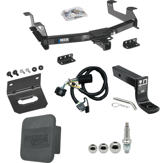 Fits 2011-2014 Chevrolet Silverado 2500 HD Trailer Hitch Tow PKG w/ 4-Flat Wiring + Ball Mount w/ 4" Drop + Interchangeable Ball 1-7/8" & 2" & 2-5/16" + Wiring Bracket + Hitch Cover By Reese Towpower