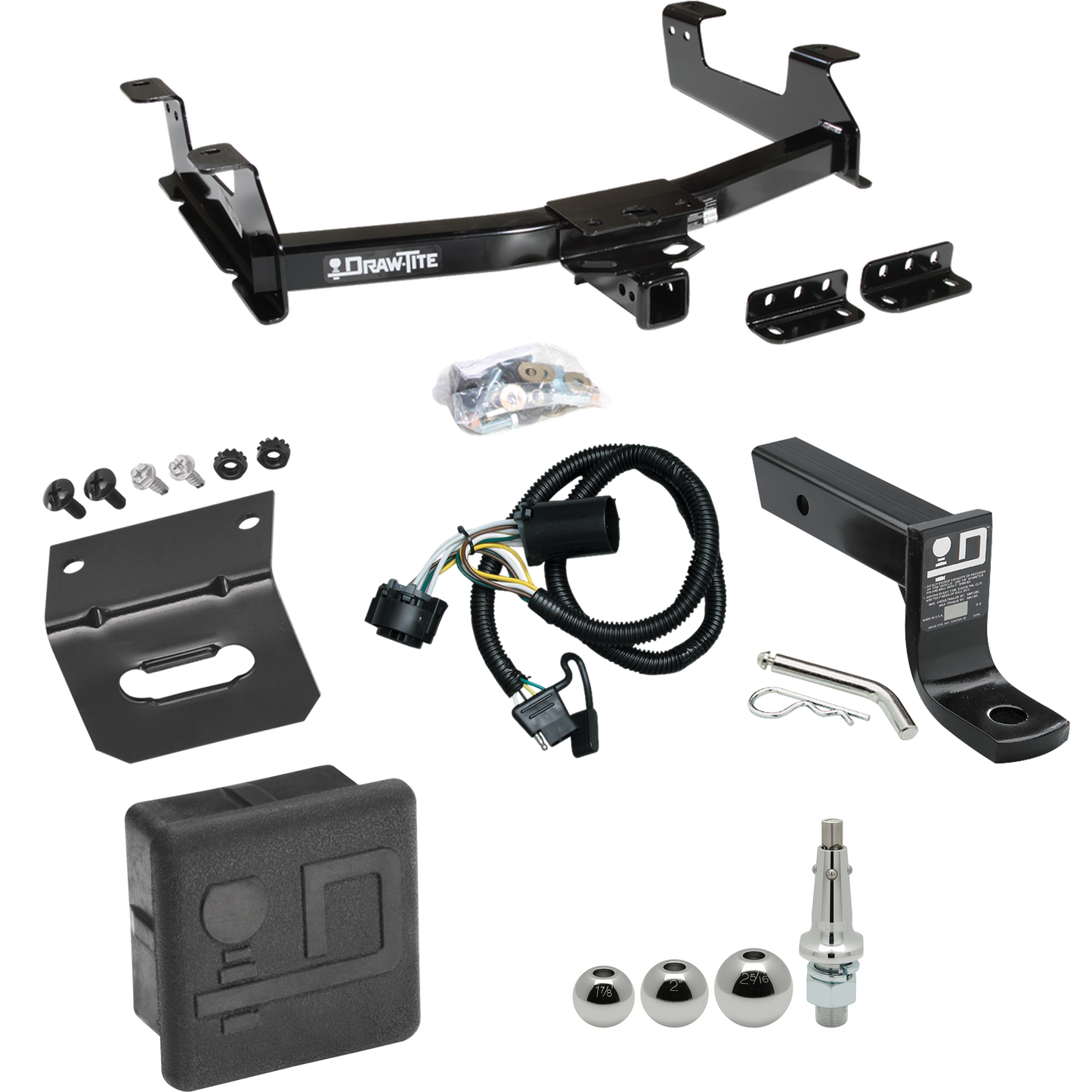 Fits 2011-2014 GMC Sierra 3500 HD Trailer Hitch Tow PKG w/ 4-Flat Wiring + Ball Mount w/ 4" Drop + Interchangeable Ball 1-7/8" & 2" & 2-5/16" + Wiring Bracket + Hitch Cover By Draw-Tite