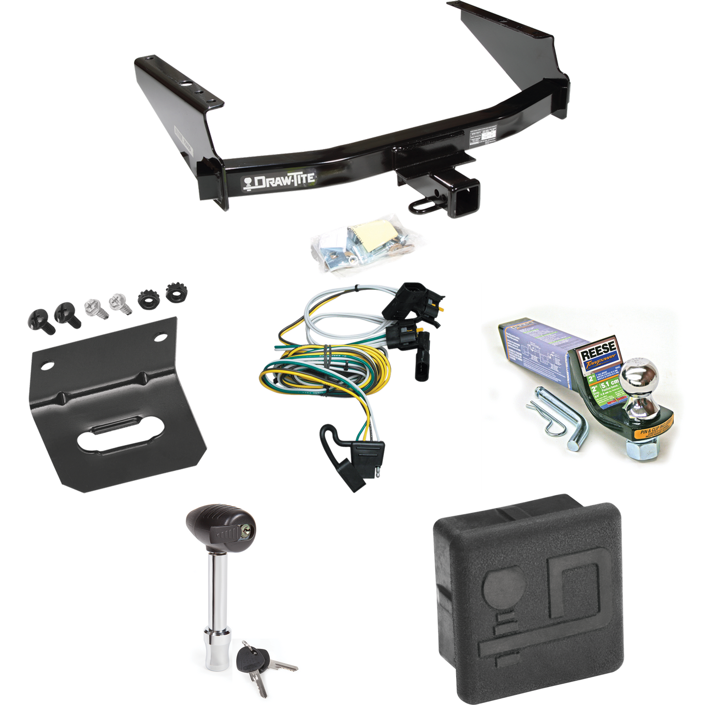 Fits 2000-2003 Ford F-150 Trailer Hitch Tow PKG w/ 4-Flat Wiring + Starter Kit Ball Mount w/ 2" Drop & 1-7/8" Ball + Wiring Bracket + Hitch Lock + Hitch Cover (For SuperCrew Models) By Draw-Tite