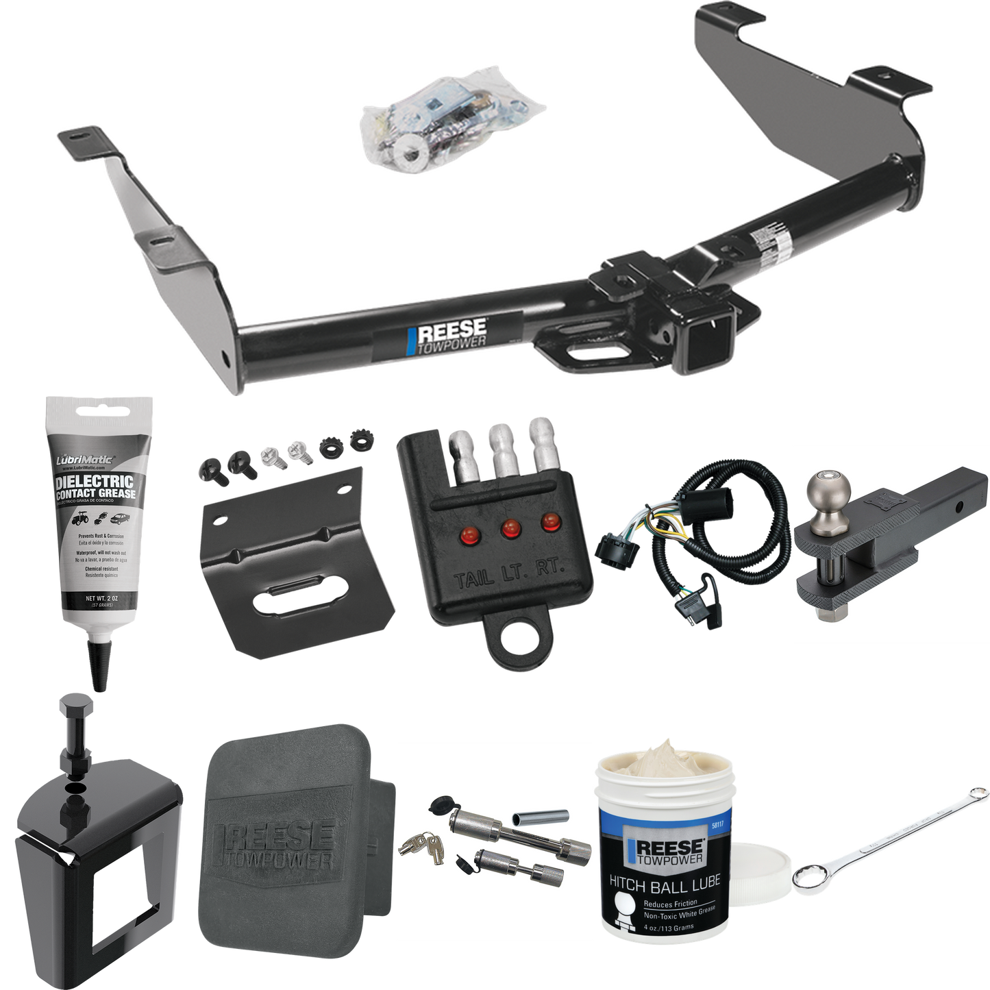 Fits 2007-2010 Chevrolet Silverado 2500 HD Trailer Hitch Tow PKG w/ 4-Flat Wiring + Clevis Hitch Ball Mount w/ 2" Ball + Wiring Bracket + Hitch Cover + Dual Hitch & Coupler Locks + Wiring Tester + Ball Lube + Electric Grease + Ball Wrench + Anti Ratt