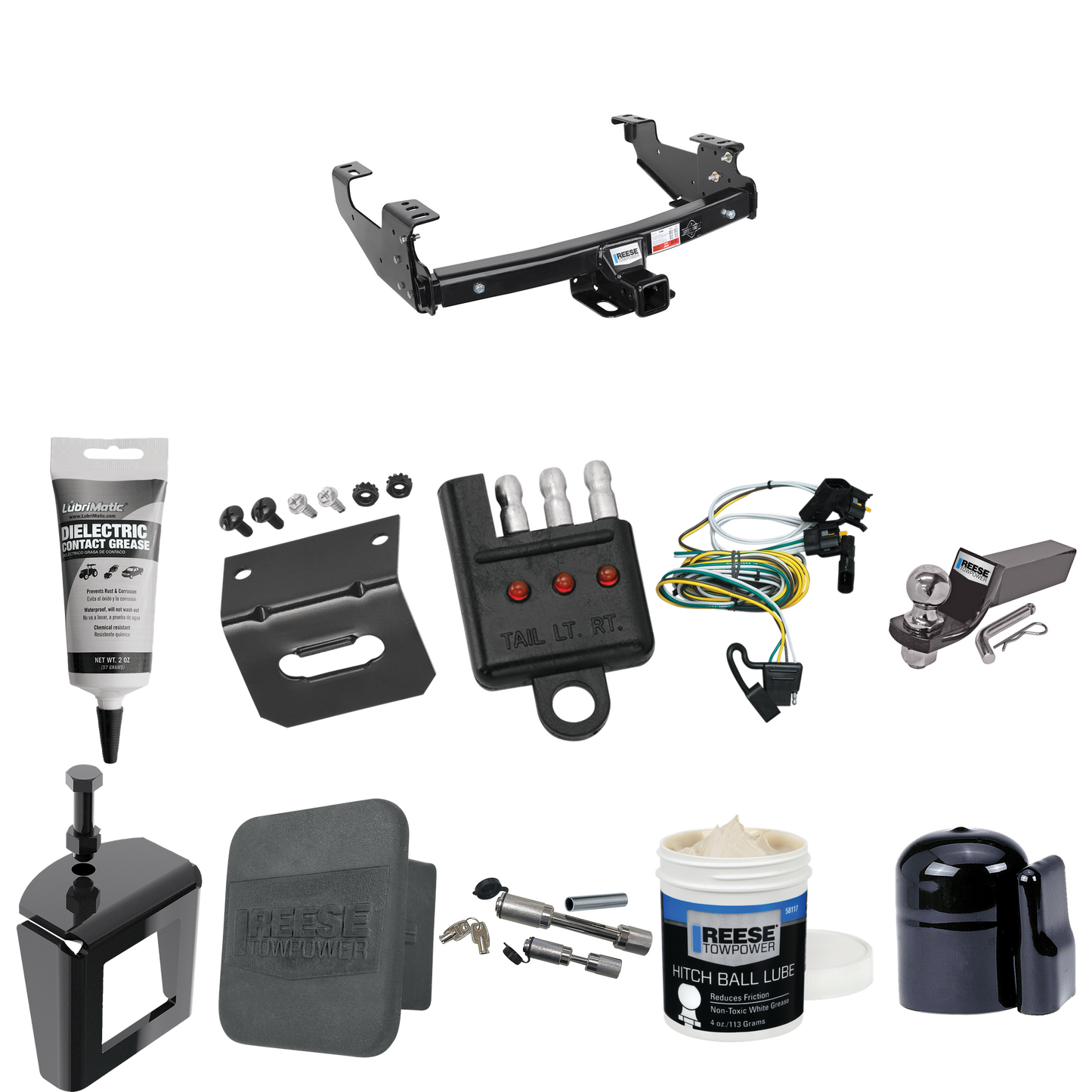 Fits 2004-2004 Ford F-150 Heritage Trailer Hitch Tow PKG w/ 4-Flat Wiring + Starter Kit Ball Mount w/ 2" Drop & 2" Ball + 1-7/8" Ball + Wiring Bracket + Dual Hitch & Coupler Locks + Hitch Cover + Wiring Tester + Ball Lube + Electric Grease + Ball Wre