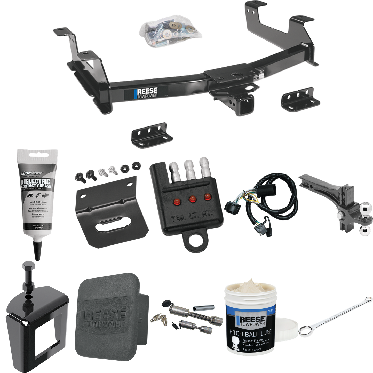 Fits 2011-2014 GMC Sierra 3500 HD Trailer Hitch Tow PKG w/ 4-Flat Wiring + Dual Adjustable Drop Rise Ball Ball Mount 2" & 2-5/16" Trailer Balls + Wiring Bracket + Hitch Cover + Dual Hitch & Coupler Locks + Wiring Tester + Ball Lube + Electric Grease