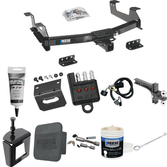 Fits 2011-2014 GMC Sierra 3500 HD Trailer Hitch Tow PKG w/ 4-Flat Wiring + Dual Adjustable Drop Rise Ball Ball Mount 2" & 2-5/16" Trailer Balls + Wiring Bracket + Hitch Cover + Dual Hitch & Coupler Locks + Wiring Tester + Ball Lube + Electric Grease