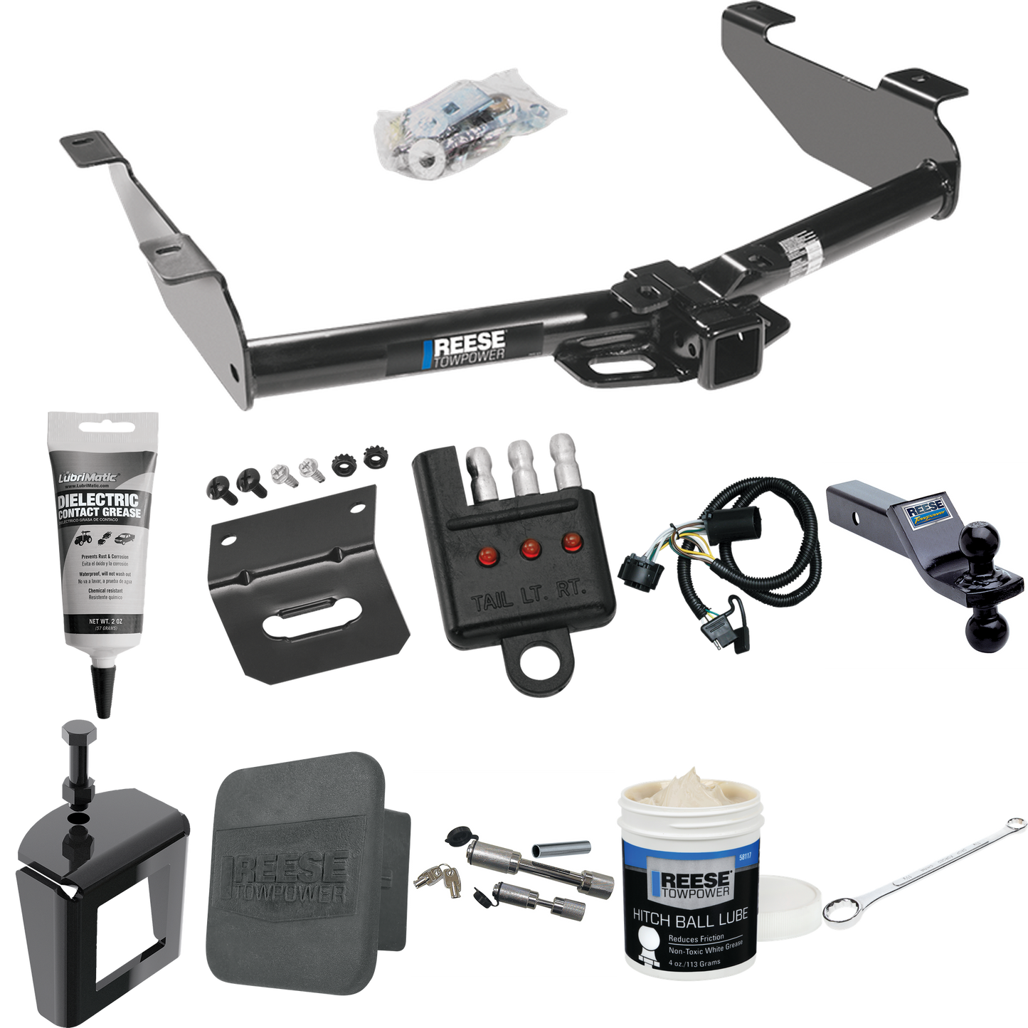 Fits 2007-2010 GMC Sierra 3500 HD Trailer Hitch Tow PKG w/ 4-Flat Wiring + Dual Ball Ball Mount 1-7/8" & 2" Trailer Balls + Wiring Bracket + Hitch Cover + Dual Hitch & Coupler Locks + Wiring Tester + Ball Lube + Electric Grease + Ball Wrench + Anti R