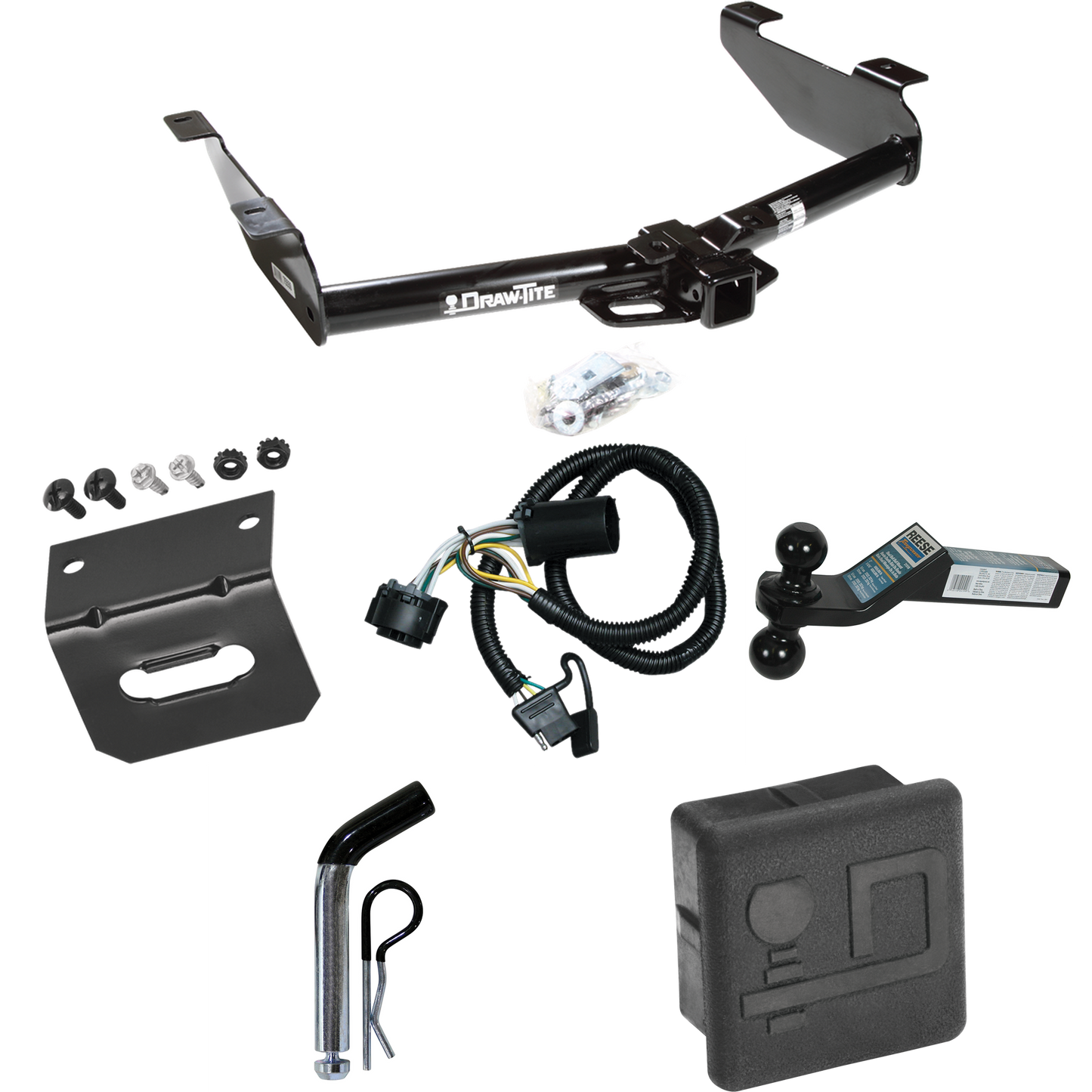 Fits 2007-2010 GMC Sierra 2500 HD Trailer Hitch Tow PKG w/ 4-Flat Wiring + Dual Ball Ball Mount 2" & 2-5/16" Trailer Balls + Pin/Clip + Wiring Bracket + Hitch Cover By Draw-Tite