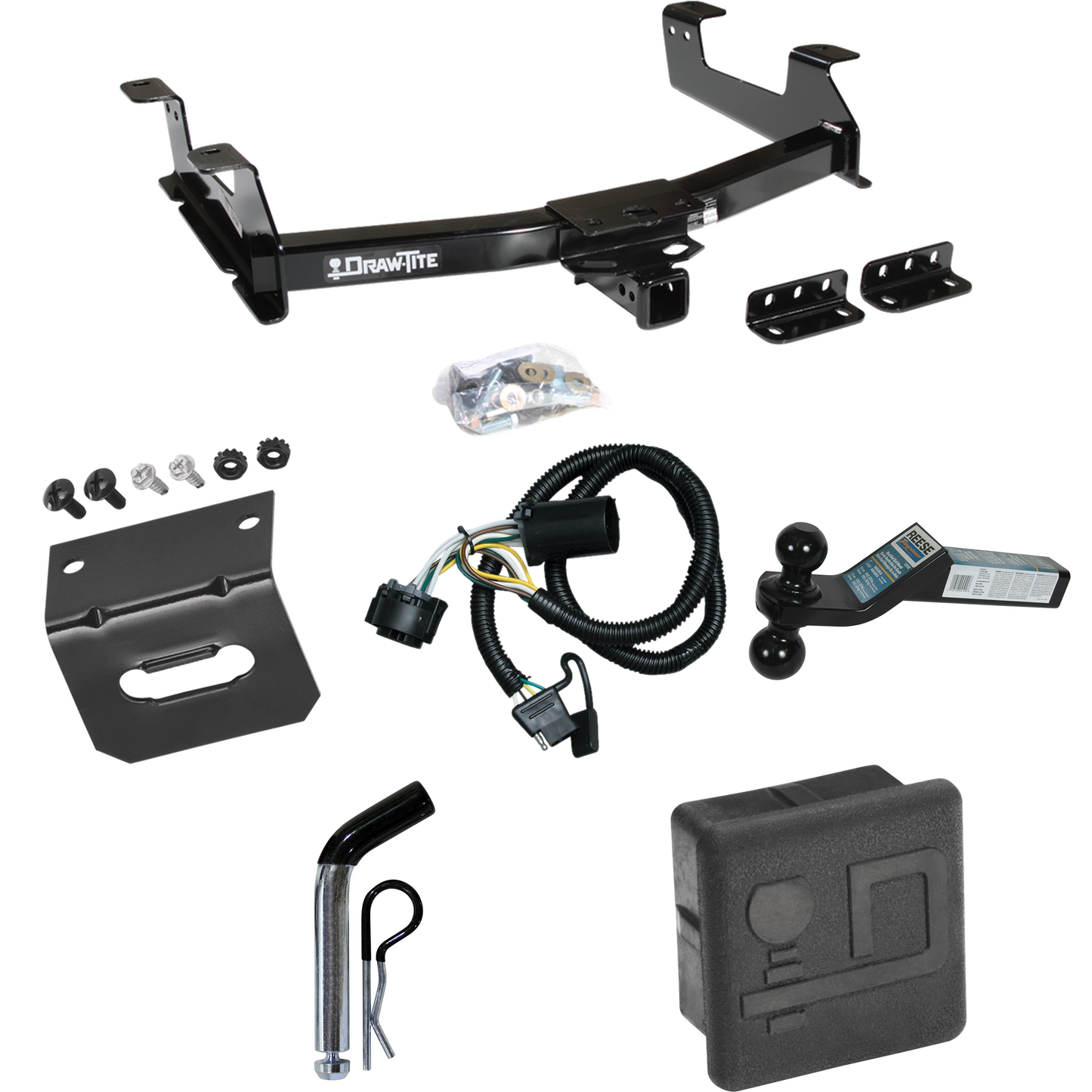 Fits 2011-2014 GMC Sierra 2500 HD Trailer Hitch Tow PKG w/ 4-Flat Wiring + Dual Ball Ball Mount 2" & 2-5/16" Trailer Balls + Pin/Clip + Wiring Bracket + Hitch Cover By Draw-Tite