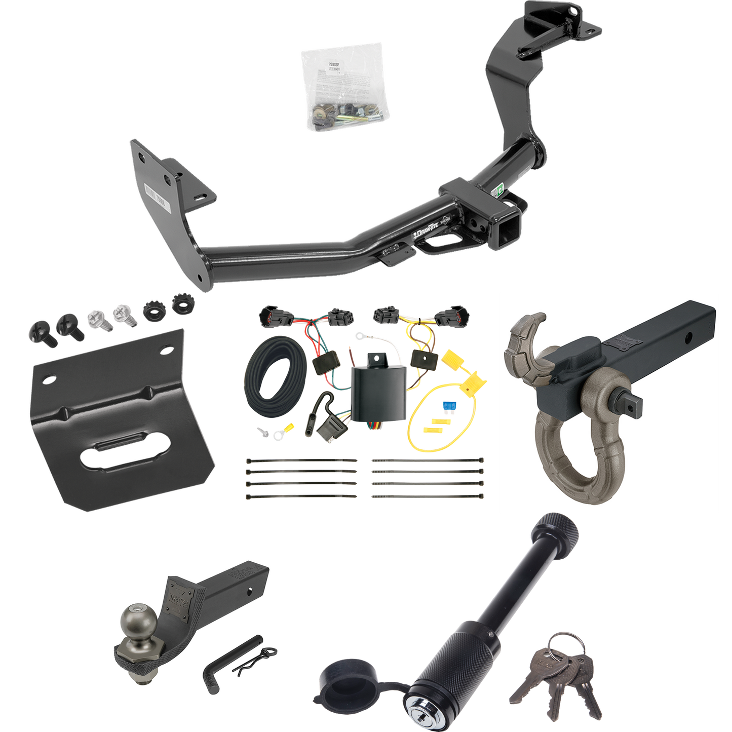 Fits 2016-2020 KIA Sorento Trailer Hitch Tow PKG w/ 4-Flat Wiring + Interlock Tactical Starter Kit w/ 2" Drop & 2" Ball + Tactical Hook & Shackle Mount + Tactical Dogbone Lock + Wiring Bracket (For w/I4 Engine Models) By Draw-Tite