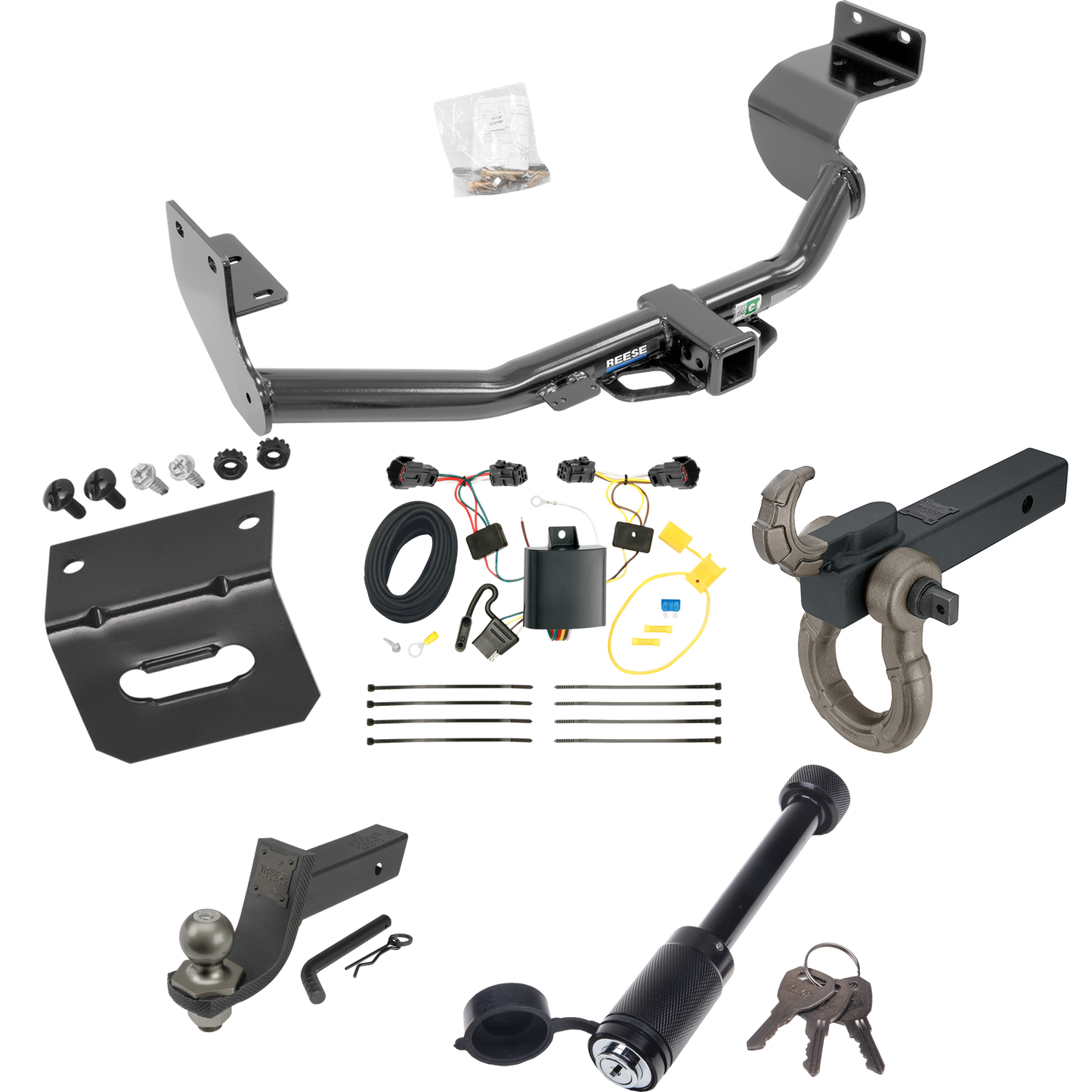 Fits 2014-2015 KIA Sorento Trailer Hitch Tow PKG w/ 4-Flat Wiring + Interlock Tactical Starter Kit w/ 3-1/4" Drop & 2" Ball + Tactical Hook & Shackle Mount + Tactical Dogbone Lock + Wiring Bracket (For w/I4 Engine Models) By Reese Towpower