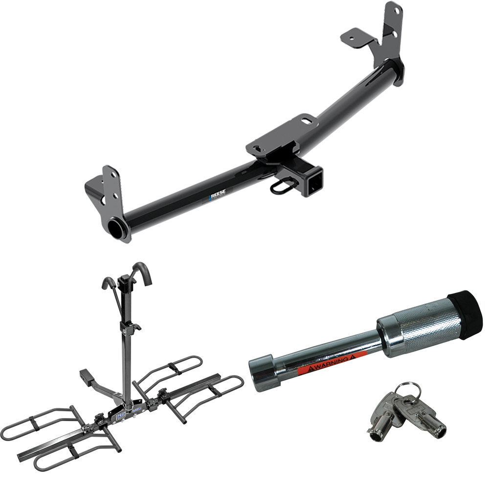 Fits 2002-2007 Saturn Vue Trailer Hitch Tow PKG w/ 2 Bike Plaform Style Carrier Rack + Hitch Lock (Excludes: Redline Models) By Reese Towpower