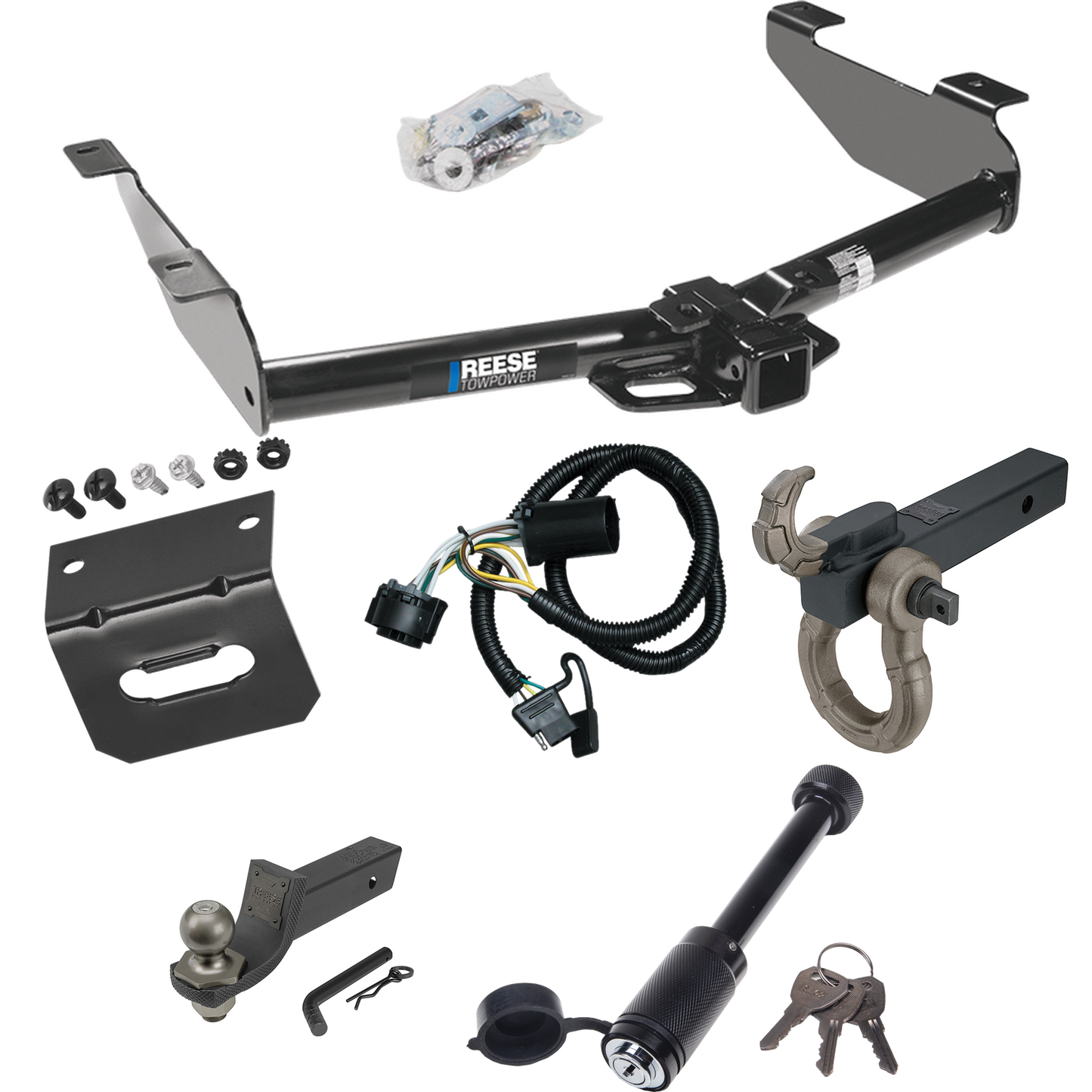 Fits 2007-2010 Chevrolet Silverado 2500 HD Trailer Hitch Tow PKG w/ 4-Flat Wiring + Interlock Tactical Starter Kit w/ 2" Drop & 2" Ball + Tactical Hook & Shackle Mount + Tactical Dogbone Lock + Wiring Bracket By Reese Towpower