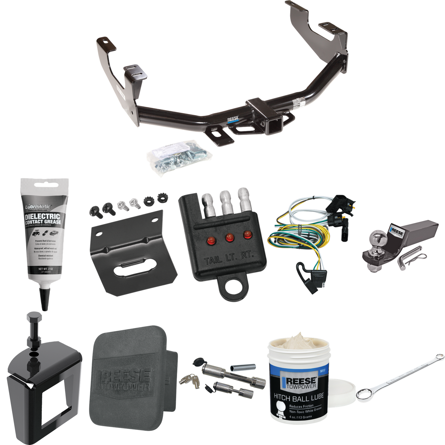 Fits 1997-2003 Ford F-150 Trailer Hitch Tow PKG w/ 4-Flat Wiring + Starter Kit Ball Mount w/ 2" Drop & 2" Ball + Wiring Bracket + Hitch Cover + Dual Hitch & Coupler Locks + Wiring Tester + Ball Lube + Electric Grease + Ball Wrench + Anti Rattle Devic