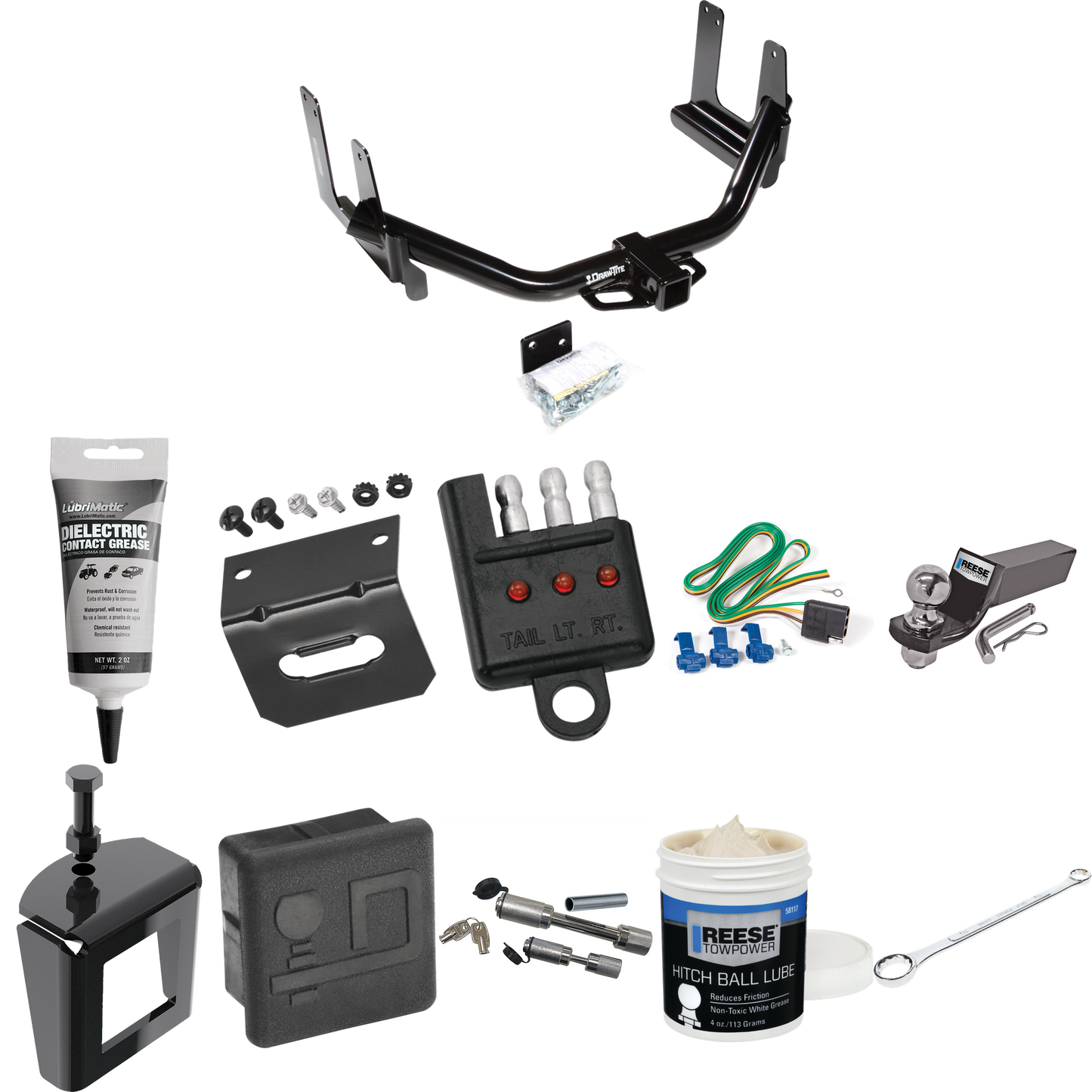 Fits 2006-2006 Lincoln Mark LT Trailer Hitch Tow PKG w/ 4-Flat Wiring + Starter Kit Ball Mount w/ 2" Drop & 2" Ball + Wiring Bracket + Hitch Cover + Dual Hitch & Coupler Locks + Wiring Tester + Ball Lube + Electric Grease + Ball Wrench + Anti Rattle