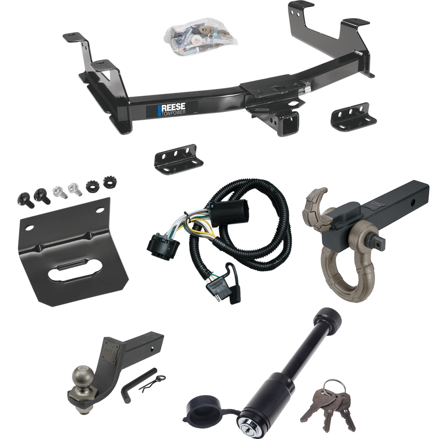 Fits 2011-2014 GMC Sierra 3500 HD Trailer Hitch Tow PKG w/ 4-Flat Wiring + Interlock Tactical Starter Kit w/ 3-1/4" Drop & 2" Ball + Tactical Hook & Shackle Mount + Tactical Dogbone Lock + Wiring Bracket By Reese Towpower