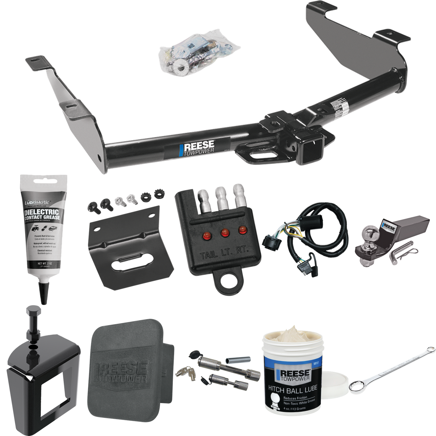 Fits 2007-2010 GMC Sierra 2500 HD Trailer Hitch Tow PKG w/ 4-Flat Wiring + Starter Kit Ball Mount w/ 2" Drop & 2" Ball + Wiring Bracket + Hitch Cover + Dual Hitch & Coupler Locks + Wiring Tester + Ball Lube + Electric Grease + Ball Wrench + Anti Ratt