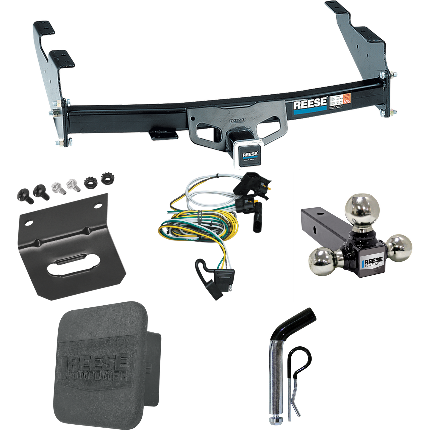 Fits 1997-2003 Ford F-150 Trailer Hitch Tow PKG w/ 4-Flat Wiring + Triple Ball Ball Mount 1-7/8" & 2" & 2-5/16" Trailer Balls + Pin/Clip + Wiring Bracket + Hitch Cover (For Flareside Models) By Reese Towpower