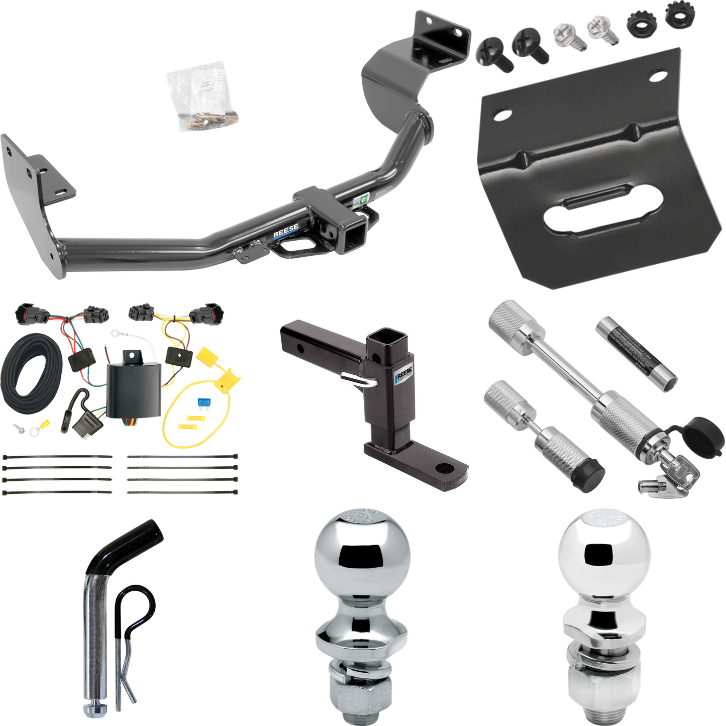 Fits 2014-2015 KIA Sorento Trailer Hitch Tow PKG w/ 4-Flat Wiring Harness + Adjustable Drop Rise Ball Mount + Pin/Clip + 2" Ball + 1-7/8" Ball + Dual Hitch & Coupler Locks (For w/I4 Engine Models) By Reese Towpower