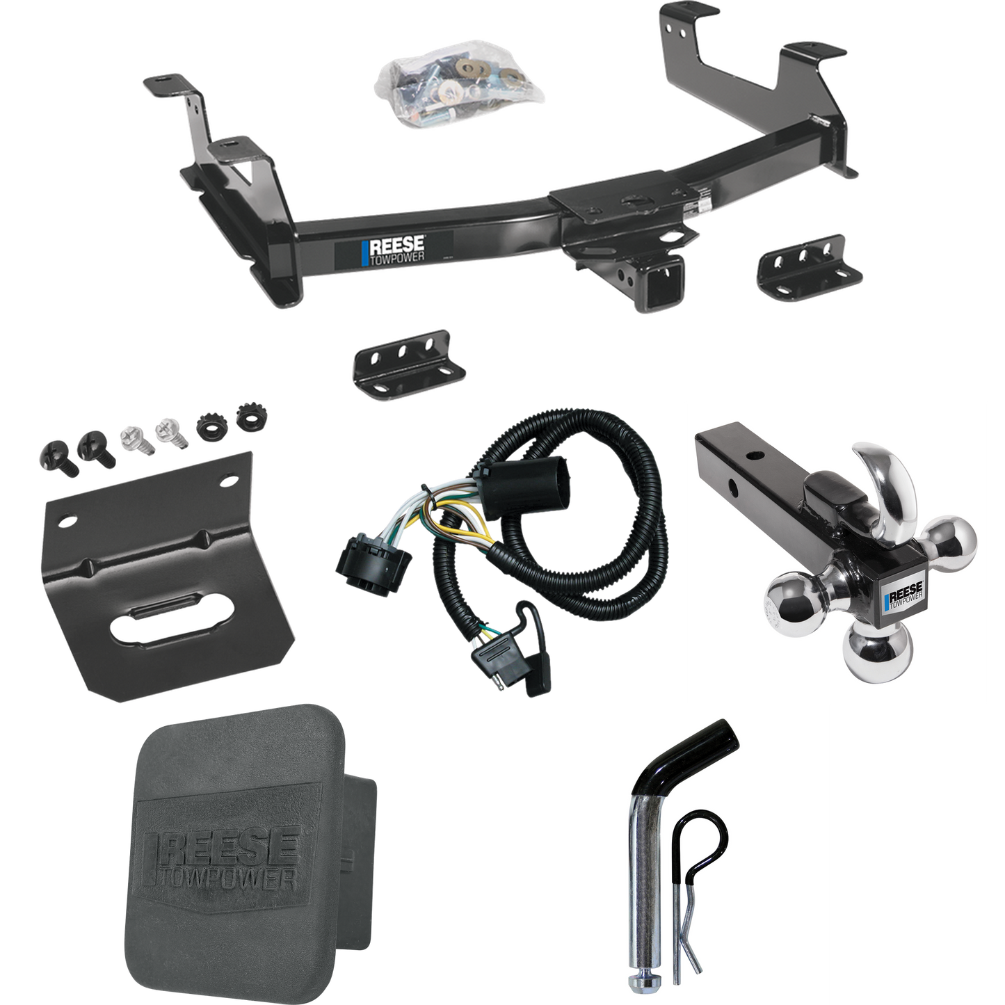 Fits 2011-2014 GMC Sierra 3500 HD Trailer Hitch Tow PKG w/ 4-Flat Wiring + Triple Ball Ball Mount 1-7/8" & 2" & 2-5/16" Trailer Balls w/ Tow Hook + Pin/Clip + Wiring Bracket + Hitch Cover By Reese Towpower