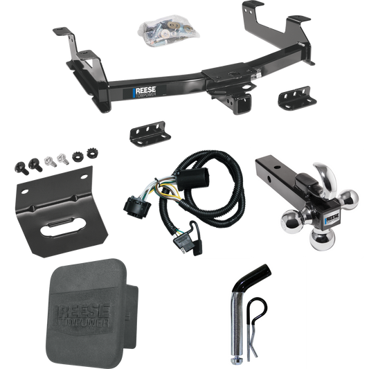 Fits 2011-2014 GMC Sierra 3500 HD Trailer Hitch Tow PKG w/ 4-Flat Wiring + Triple Ball Ball Mount 1-7/8" & 2" & 2-5/16" Trailer Balls w/ Tow Hook + Pin/Clip + Wiring Bracket + Hitch Cover By Reese Towpower