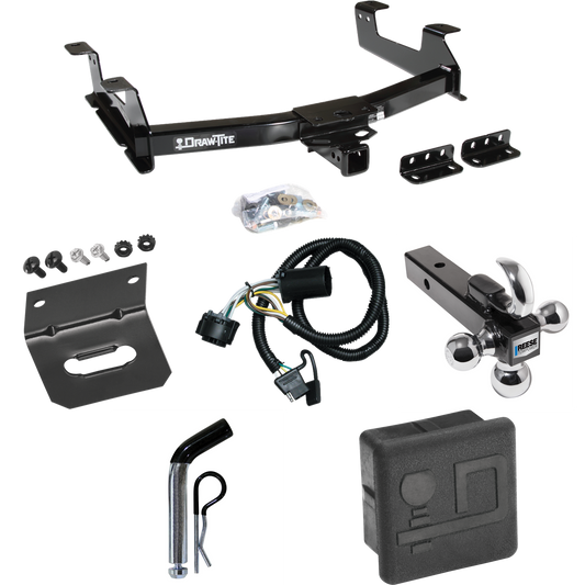 Fits 2011-2014 GMC Sierra 2500 HD Trailer Hitch Tow PKG w/ 4-Flat Wiring + Triple Ball Ball Mount 1-7/8" & 2" & 2-5/16" Trailer Balls w/ Tow Hook + Pin/Clip + Wiring Bracket + Hitch Cover By Draw-Tite