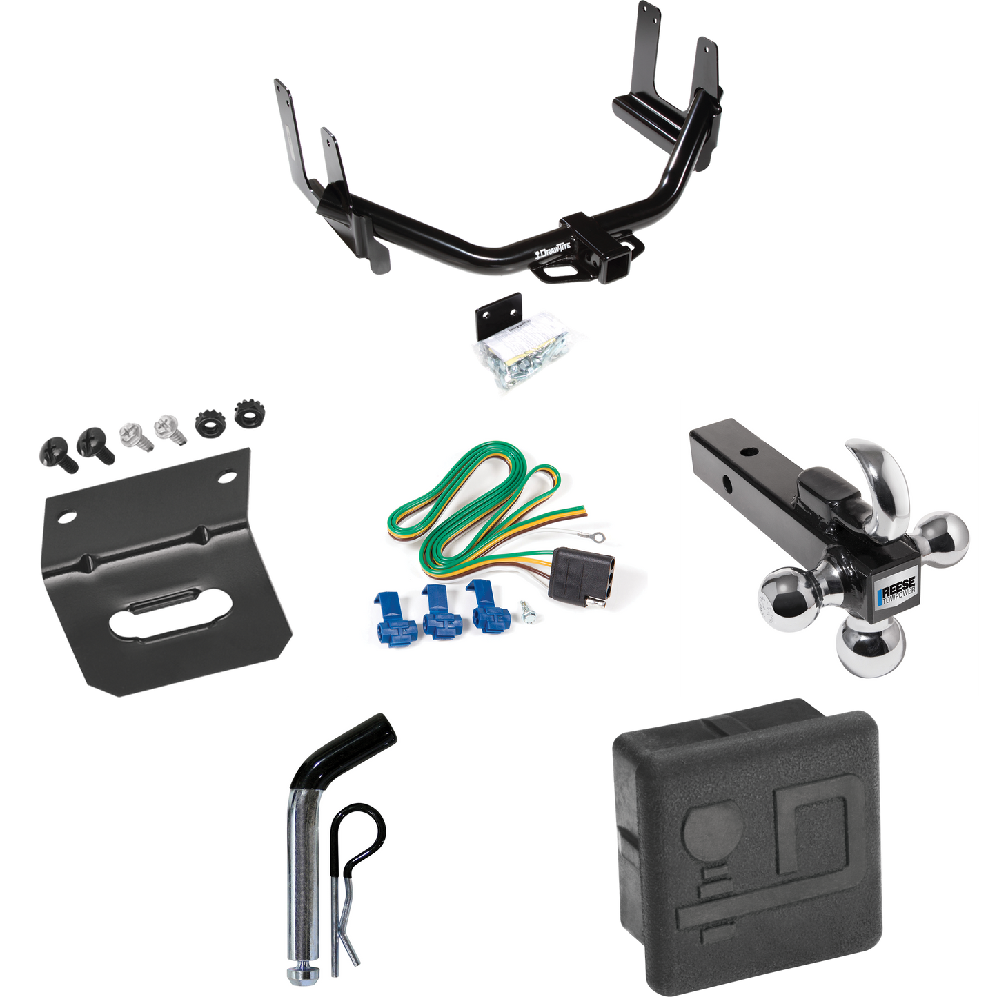 Fits 2004-2005 Ford F-150 Trailer Hitch Tow PKG w/ 4-Flat Wiring + Triple Ball Ball Mount 1-7/8" & 2" & 2-5/16" Trailer Balls w/ Tow Hook + Pin/Clip + Wiring Bracket + Hitch Cover By Draw-Tite